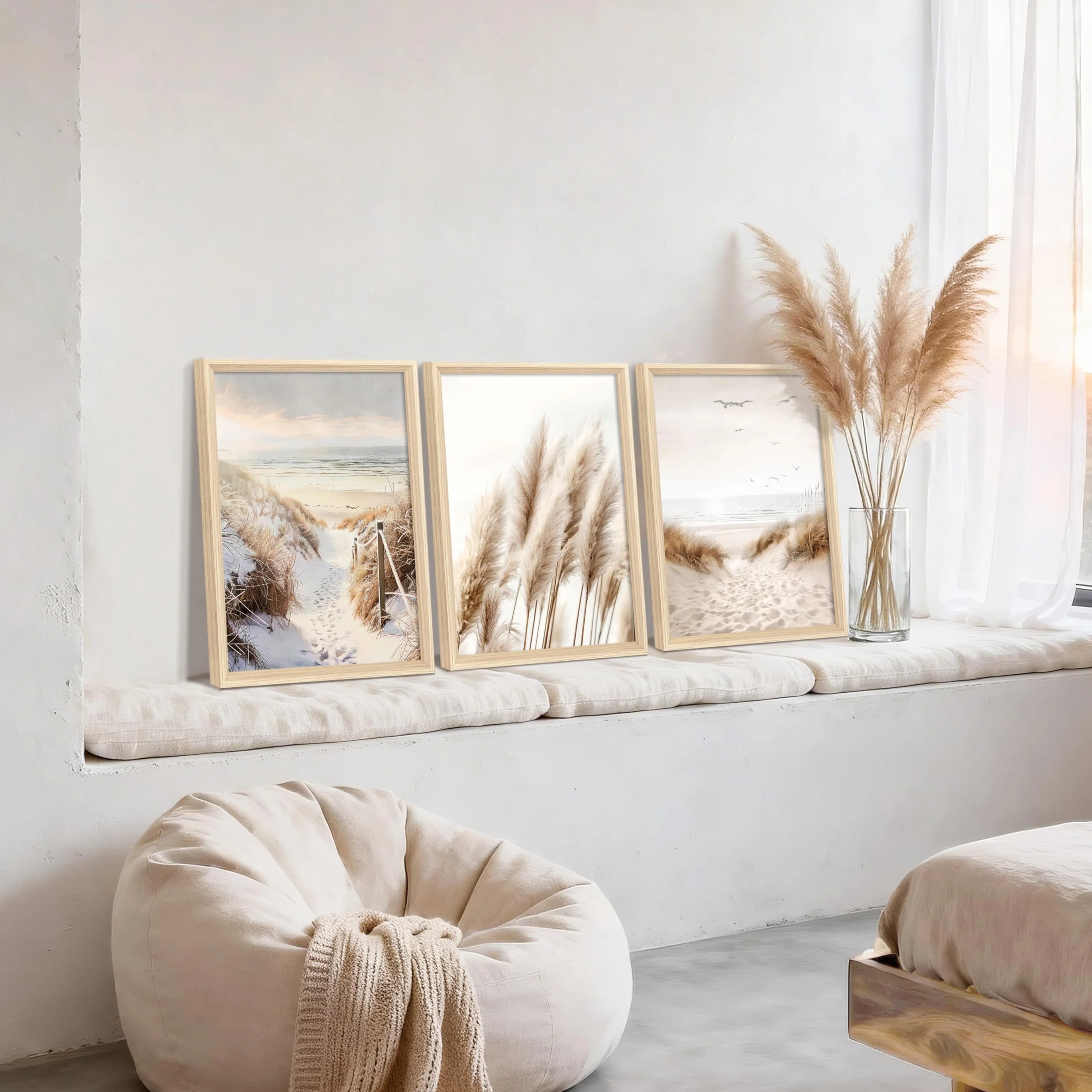 Obraz na płótnie z ramą 40x60 cm Boho Trawa Pampasowa Plaża Bałtycki Krajobraz Morski Dekoracja Ścienna