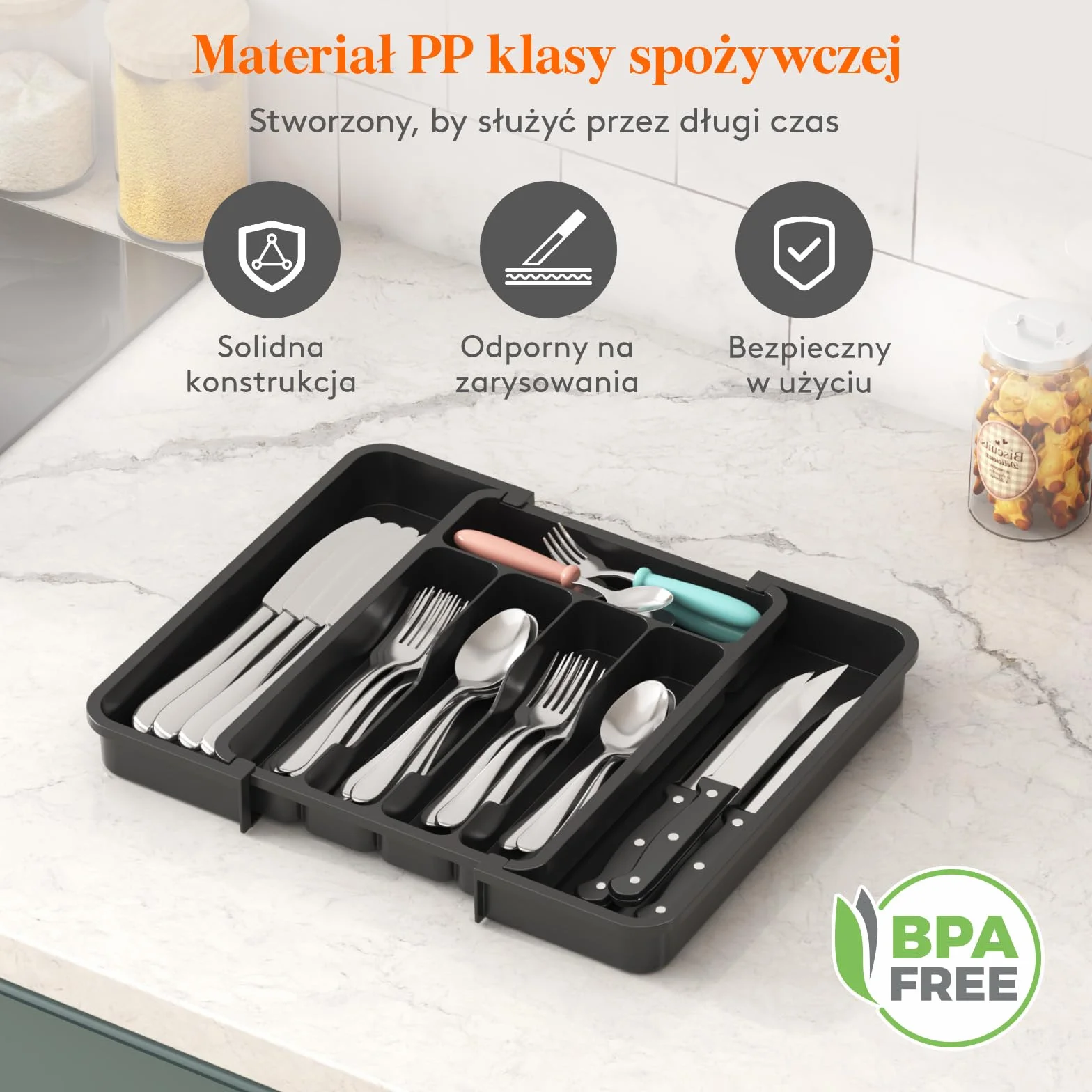 Lifewit Organizer do Szuflady Kuchennej na Sztućce, Rozszerzalna Wkład do Szuflad, Plastikowe Taca na Sztućce na Łyżki/Widelce/Noże, Głębokość 30,9 cm, Szerokość 22,6–37,3 cm, Czarny