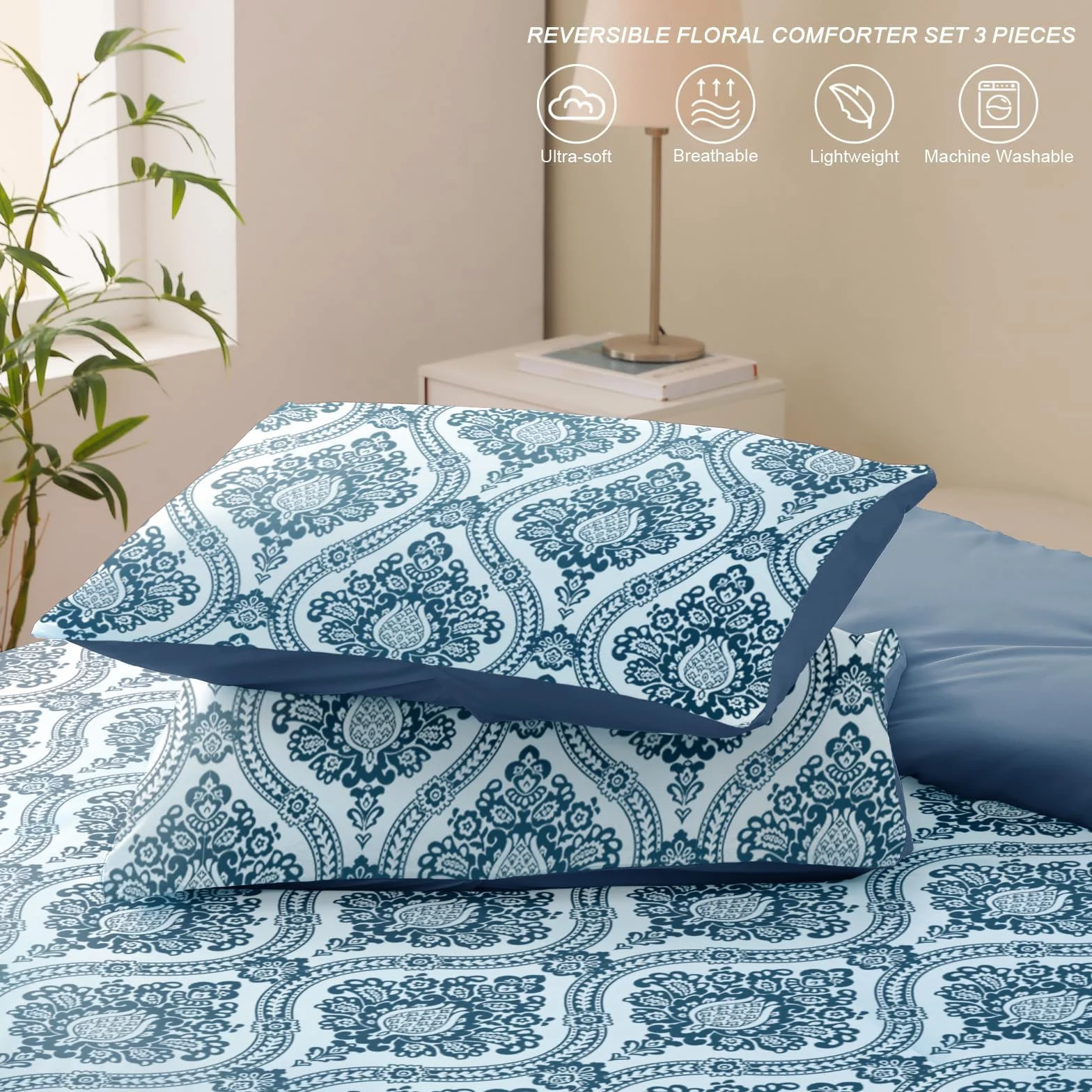 Exclusivo Mezcla Boho adamaszek zestaw pościeli z 2 poszewkami, mikrofibra, granatowy, 220×230 cm