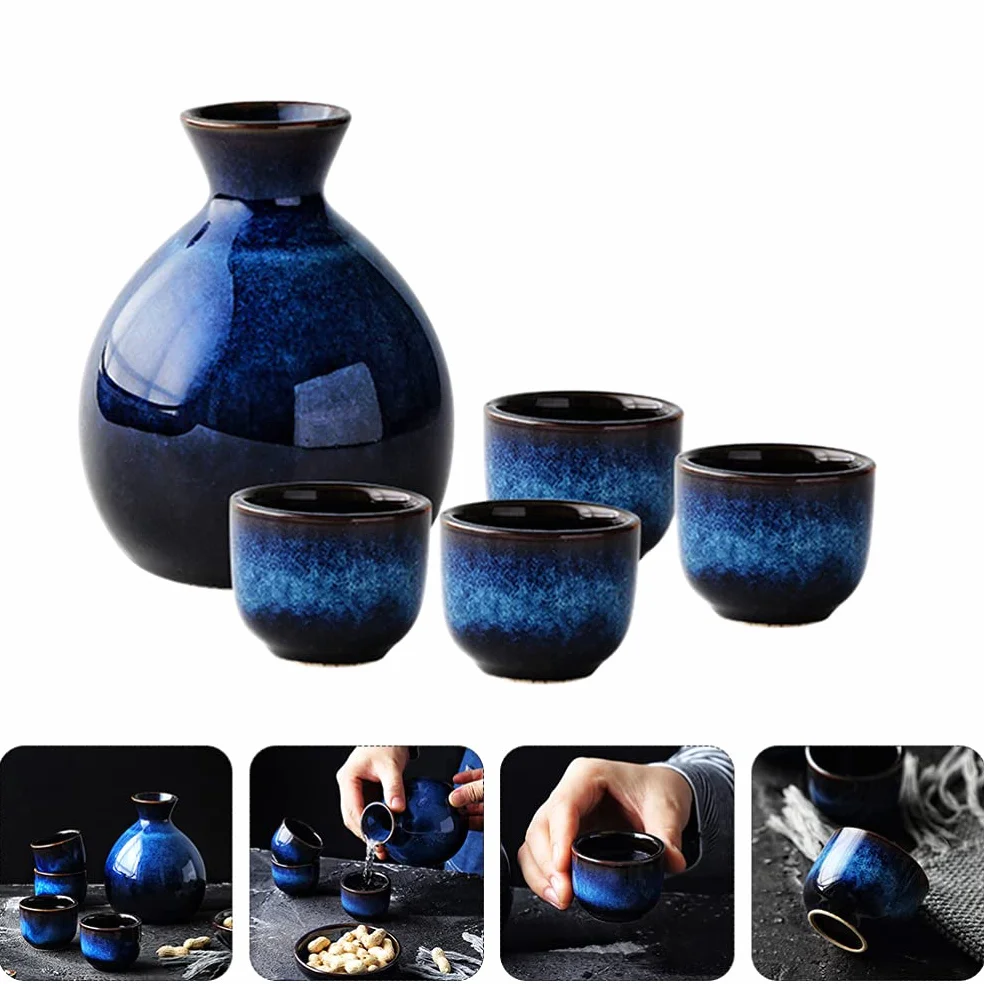 Lurrose Ceramiczny japoński zestaw do sakwy zawiera 1 butelkę Tokkuri i 4 kubki Ochoko na gorącą lub zimną wodę tradycyjny kubek do herbaty