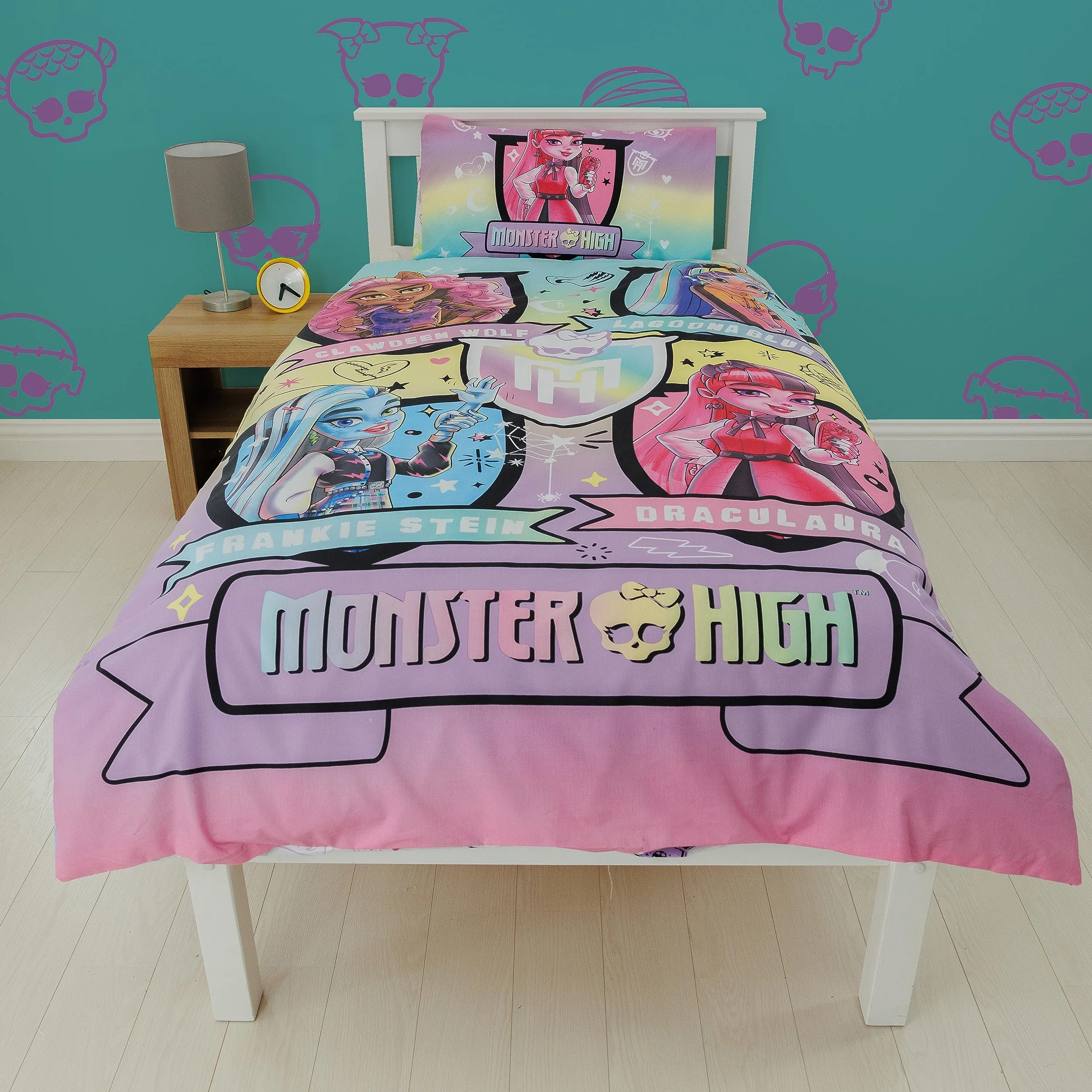 Character World Monster High oficjalnie licencjonowany zestaw poszewek na kołdrę z motywem dzikiego designu, dwustronna, 2-stronna pościel dla lalek z pasującą poszewką na poduszkę, idealna do
