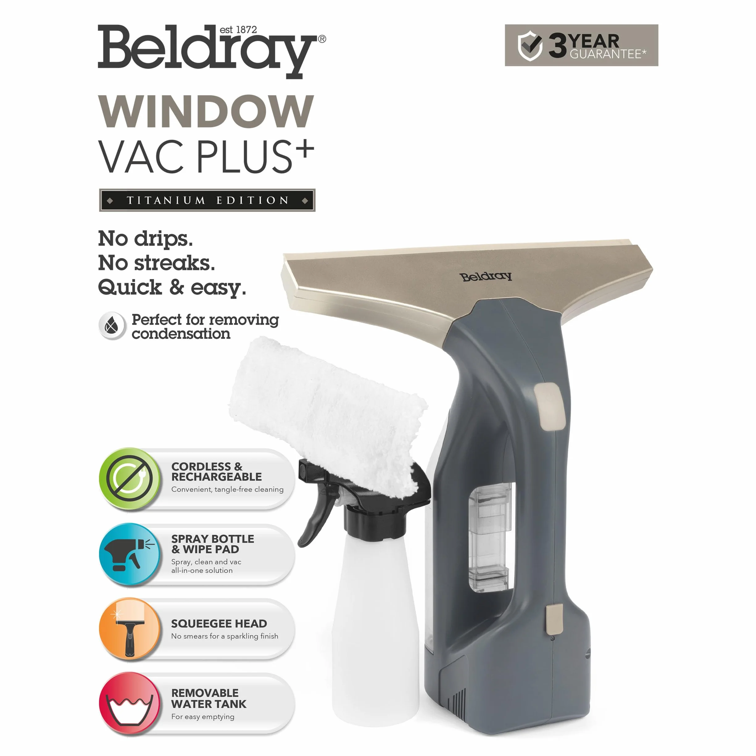 Beldray Window Vac Plus+ Odkurzacz do okien bezprzewodowy – 30 min pracy, wyjmowany zbiornik 100 ml, lekki 20W, 3,7V Li-Ion, dołączona butelka ze spryskiwaczem i ściereczka