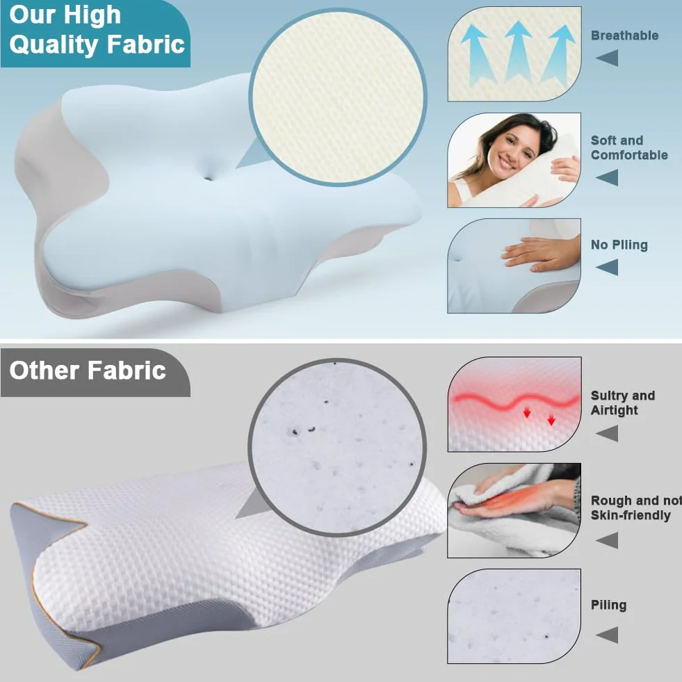 OSDUE Poduszka z pianki z pamięcią kształtu, na ból szyi i ramion, ortopedyczna, ergonomiczna, dla osób śpiących na boku, plecach i brzuchu, ze zdejmowaną osłoną, niebieska