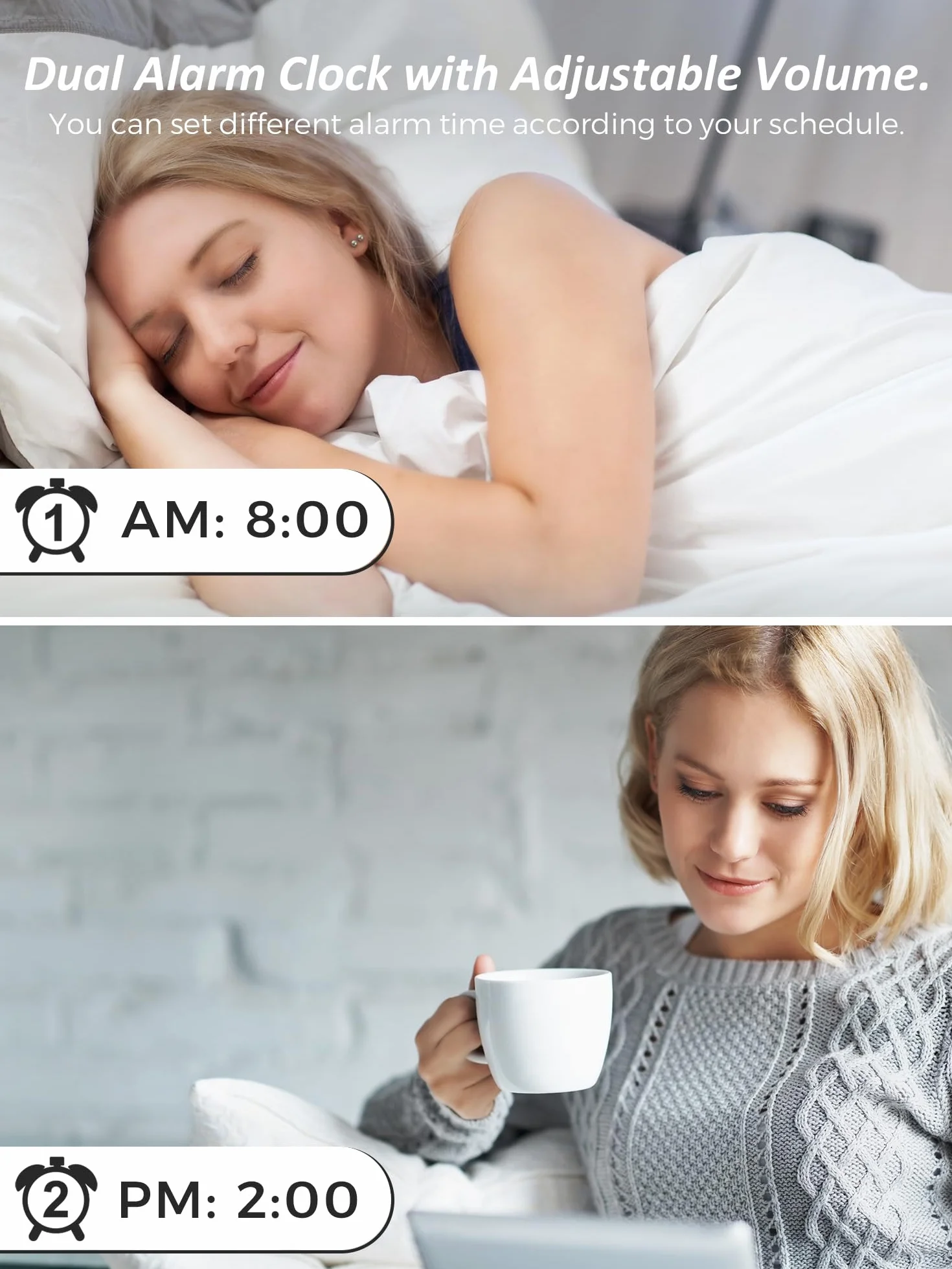 Mesqool Głośny budzik wibracyjny z funkcją spania dla niesłyszących, podwójny alarm, USB, duży wyświetlacz, 12/24h