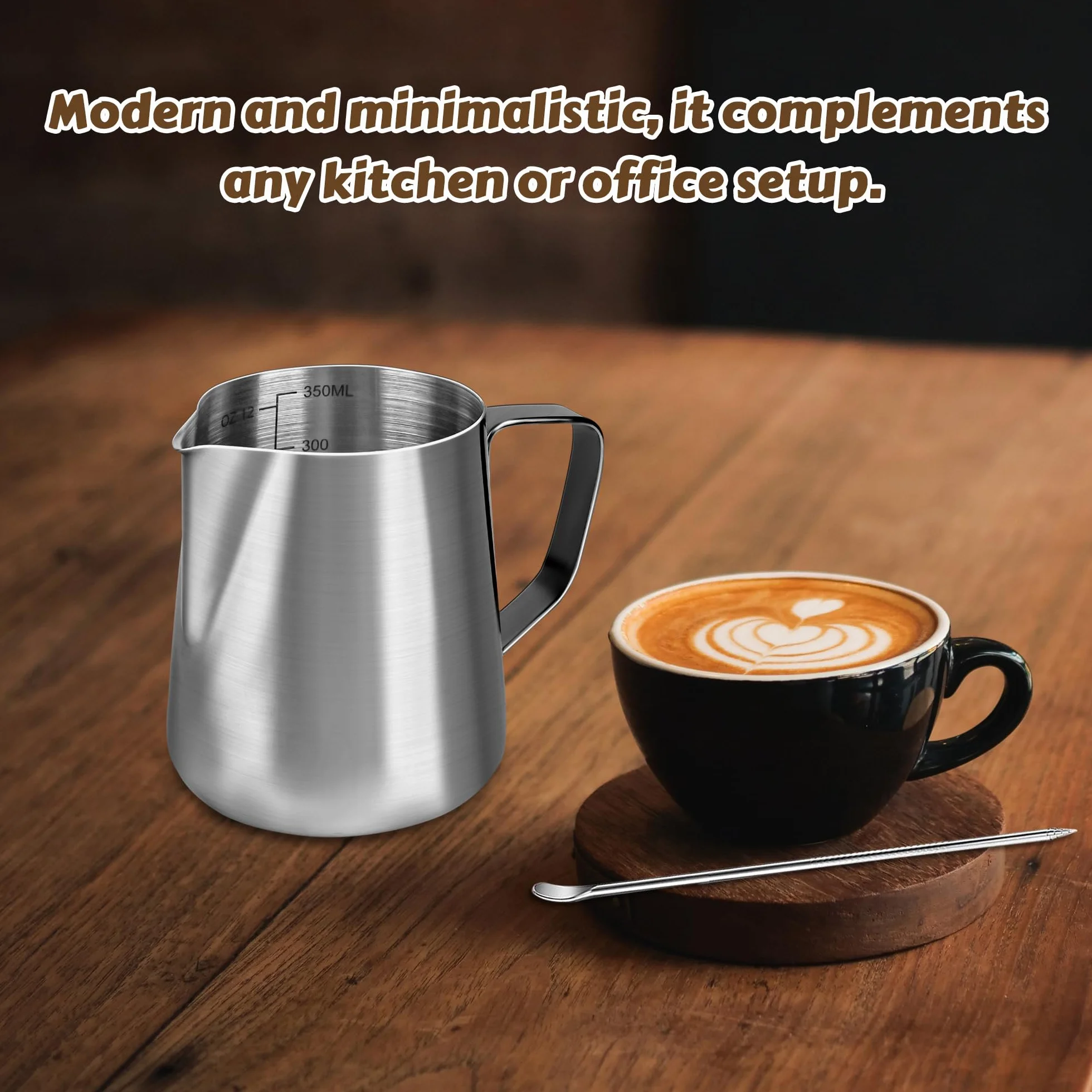 Dzbanek na mleko, ręczny dzbanek do spieniania mleka 304 ze stali nierdzewnej, dzbanek na mleko z oznaczeniem pojemności 350 ml 12oz Barista, dzbanek na mleko do cappuccino, latte art, espresso