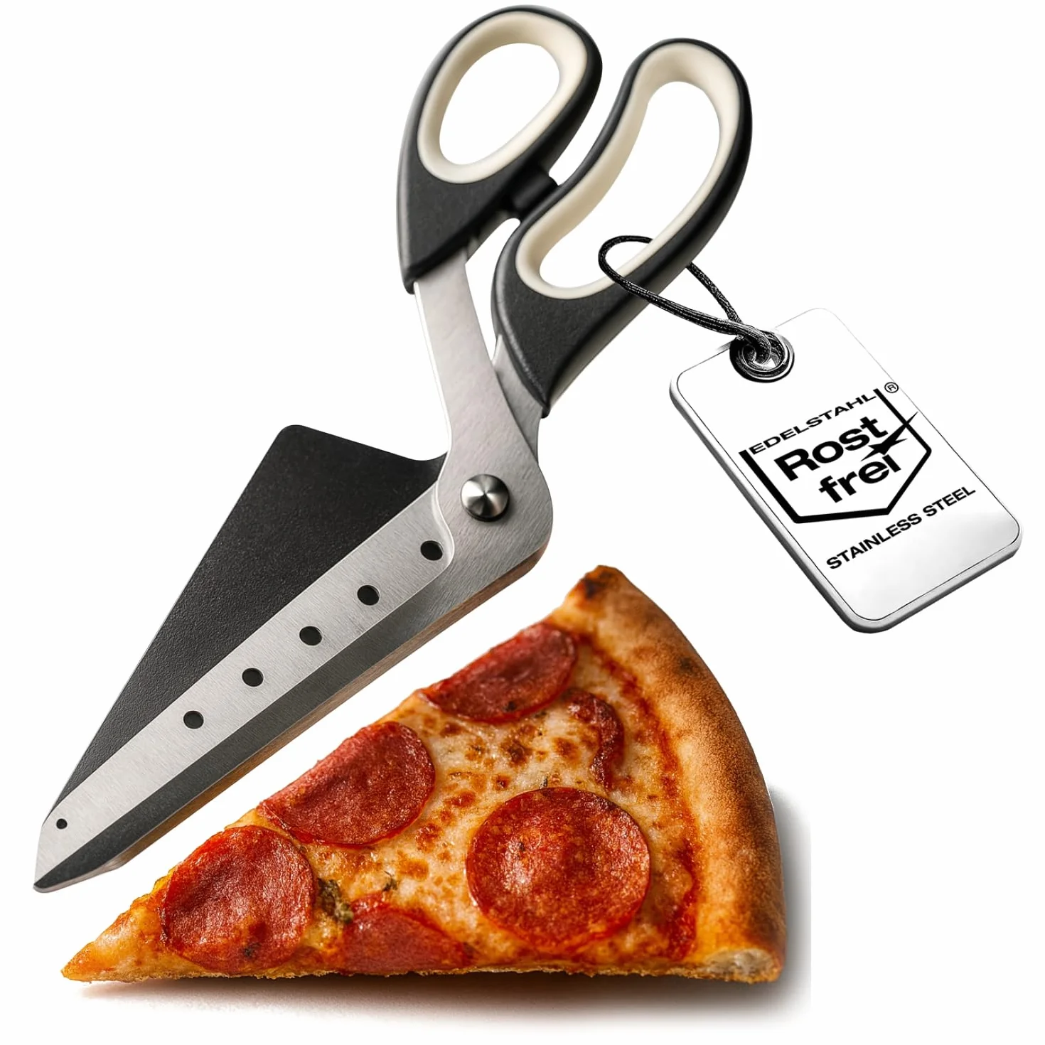 COM-FOUR® Nozyczki do pizzy z powierzchnia do serwowania, nozem do pizzy z ostrzami ze stali nierdzewnej i zintegrowana lopata do pizzy (1x nozyczki do pizzy 27 cm)