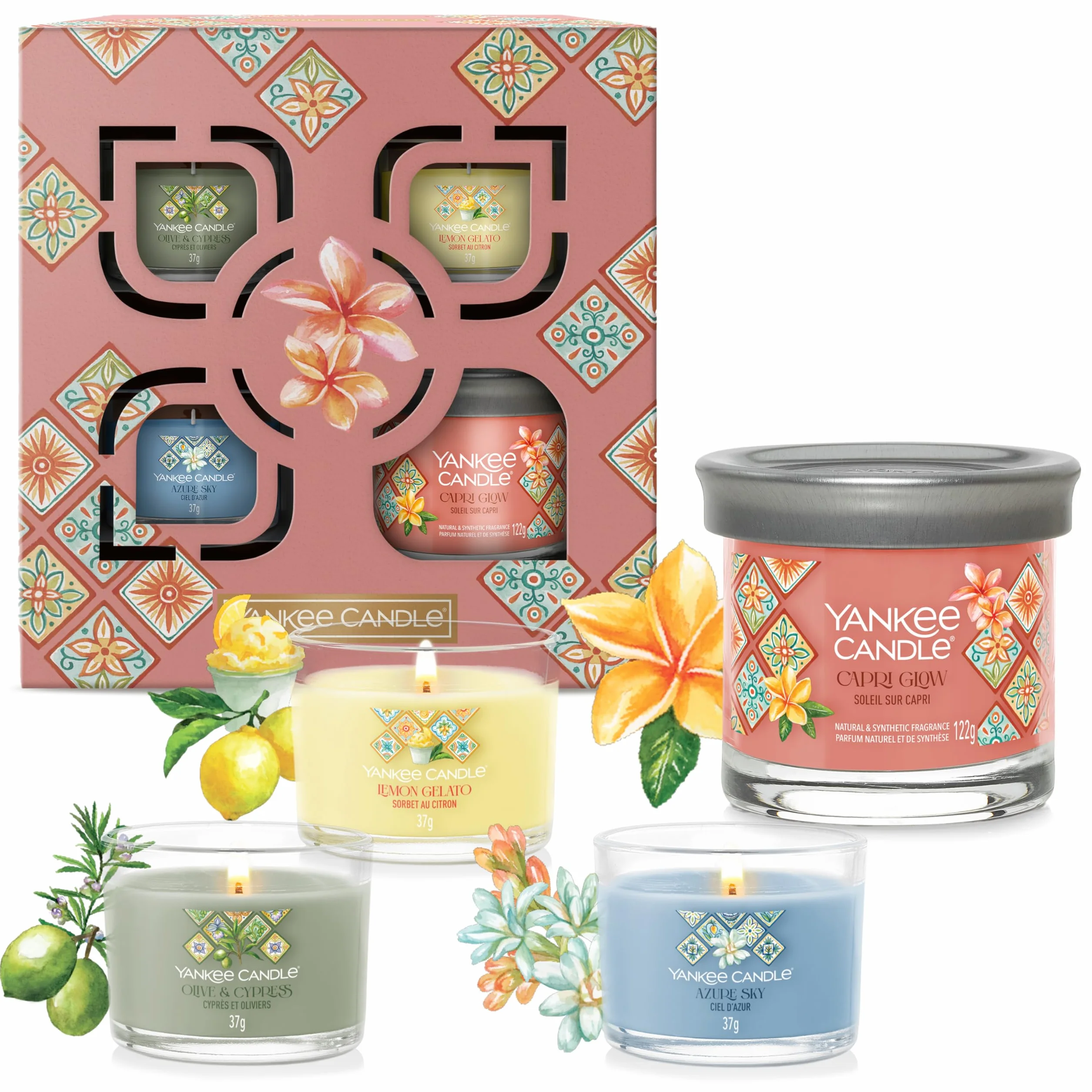 Yankee Candle Zestaw upominkowy świec zapachowych, mała świeca wotywna, kolekcja Hello Italy, 4 sztuki