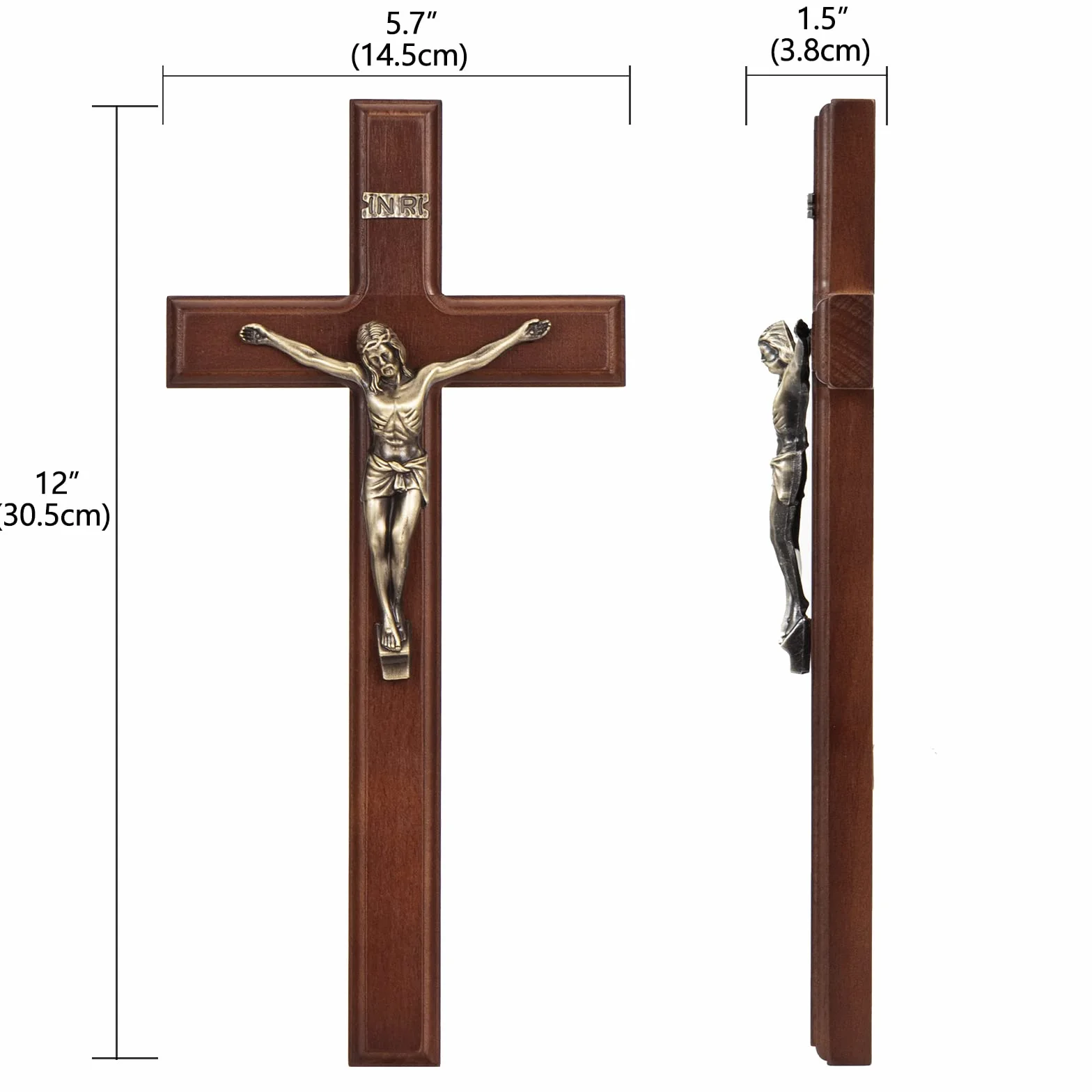 ARCHOBAN Krzyż ścienny krzyż katolicki, 30 cm drewniany krzyż dekoracja ścienna - brązowy + antyczny mosiądz