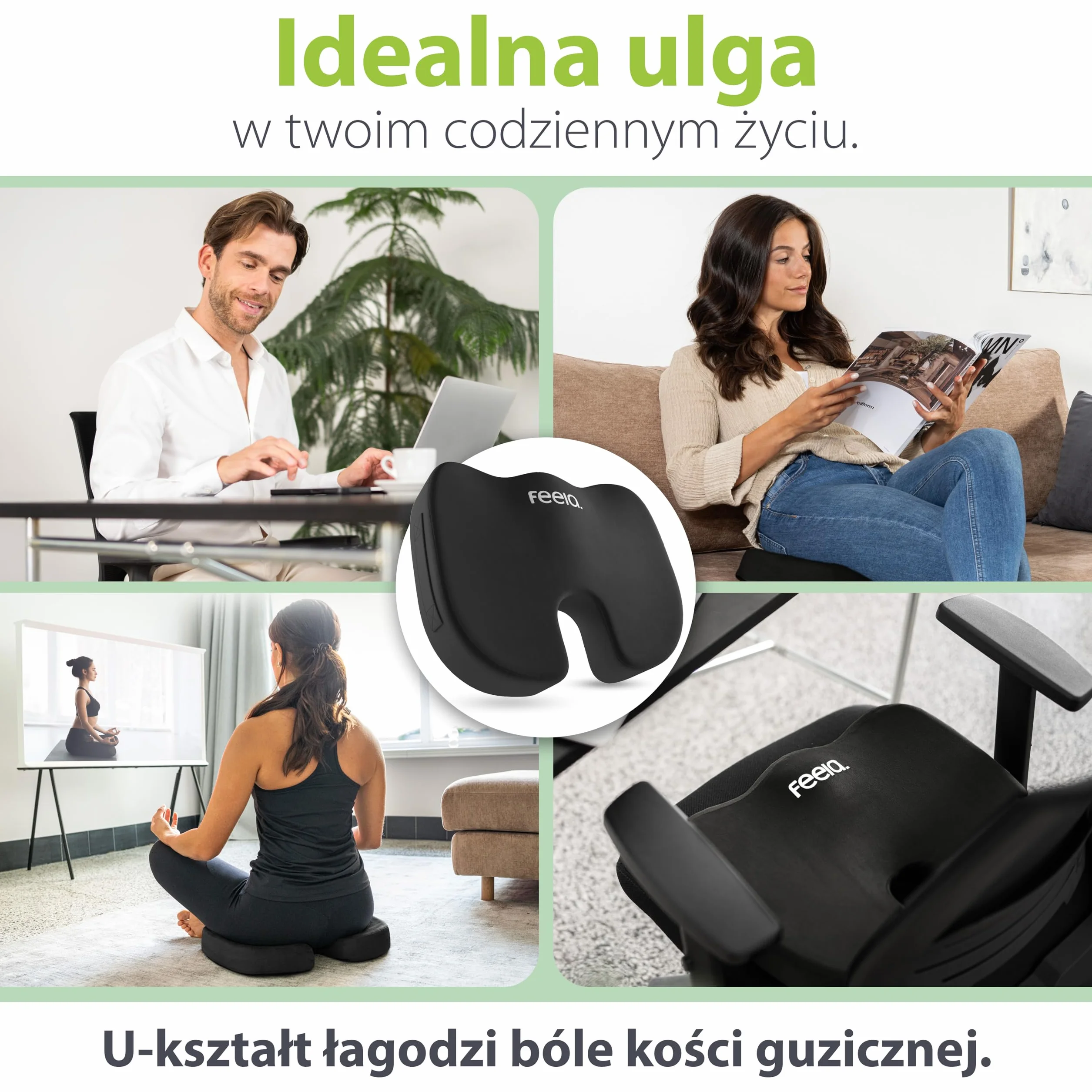 feela.® ortopedyczna poduszka do siedzenia premium (3 stopnie twardości) – ergonomiczna poduszka na krzesło biurowe i inne, zmniejsza ból, poprawia komfort siedzenia, wspomaga ukrwienie oraz odciąża kość ogonową (twardość: medium)
