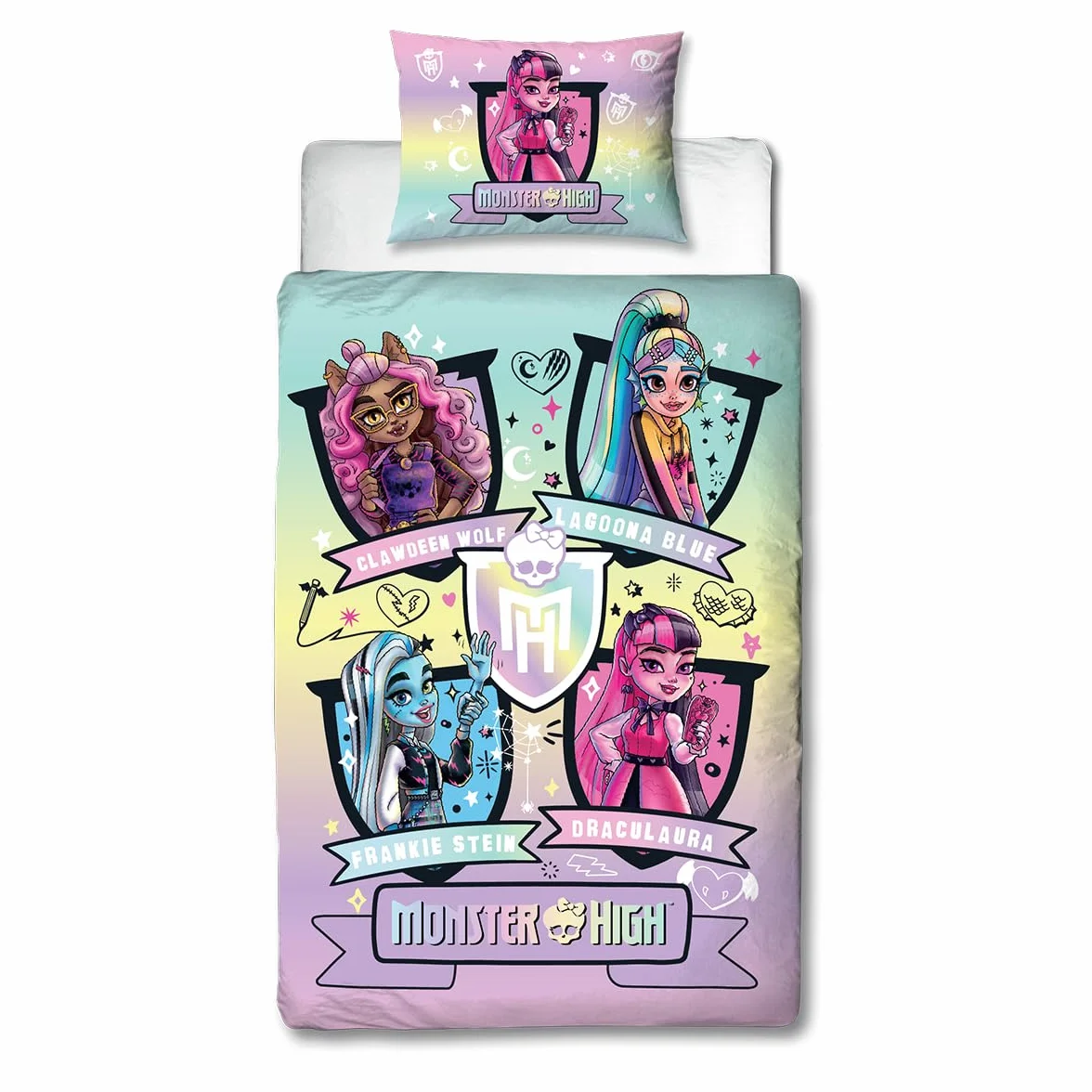 Character World Monster High oficjalnie licencjonowany zestaw poszewek na kołdrę z motywem dzikiego designu, dwustronna, 2-stronna pościel dla lalek z pasującą poszewką na poduszkę, idealna do
