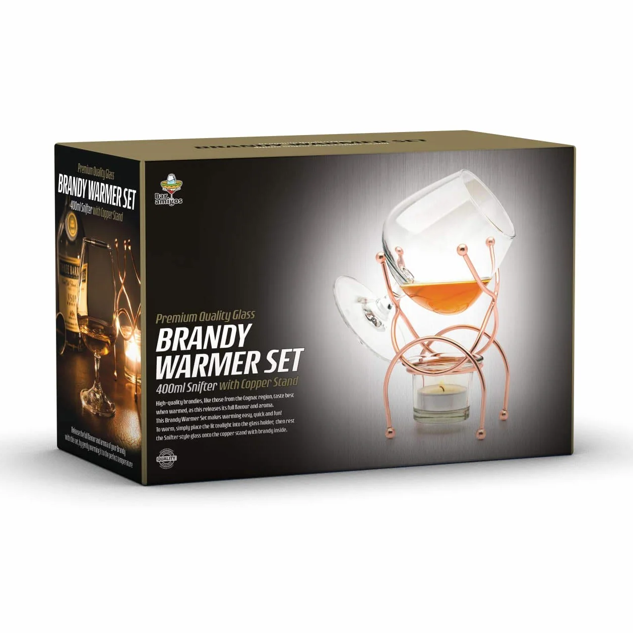 Bar Amigos Brandy & Cognac Snifter podgrzewacz szkło stojak zestaw upominkowy ze świeczką miedziany uchwyt miedź