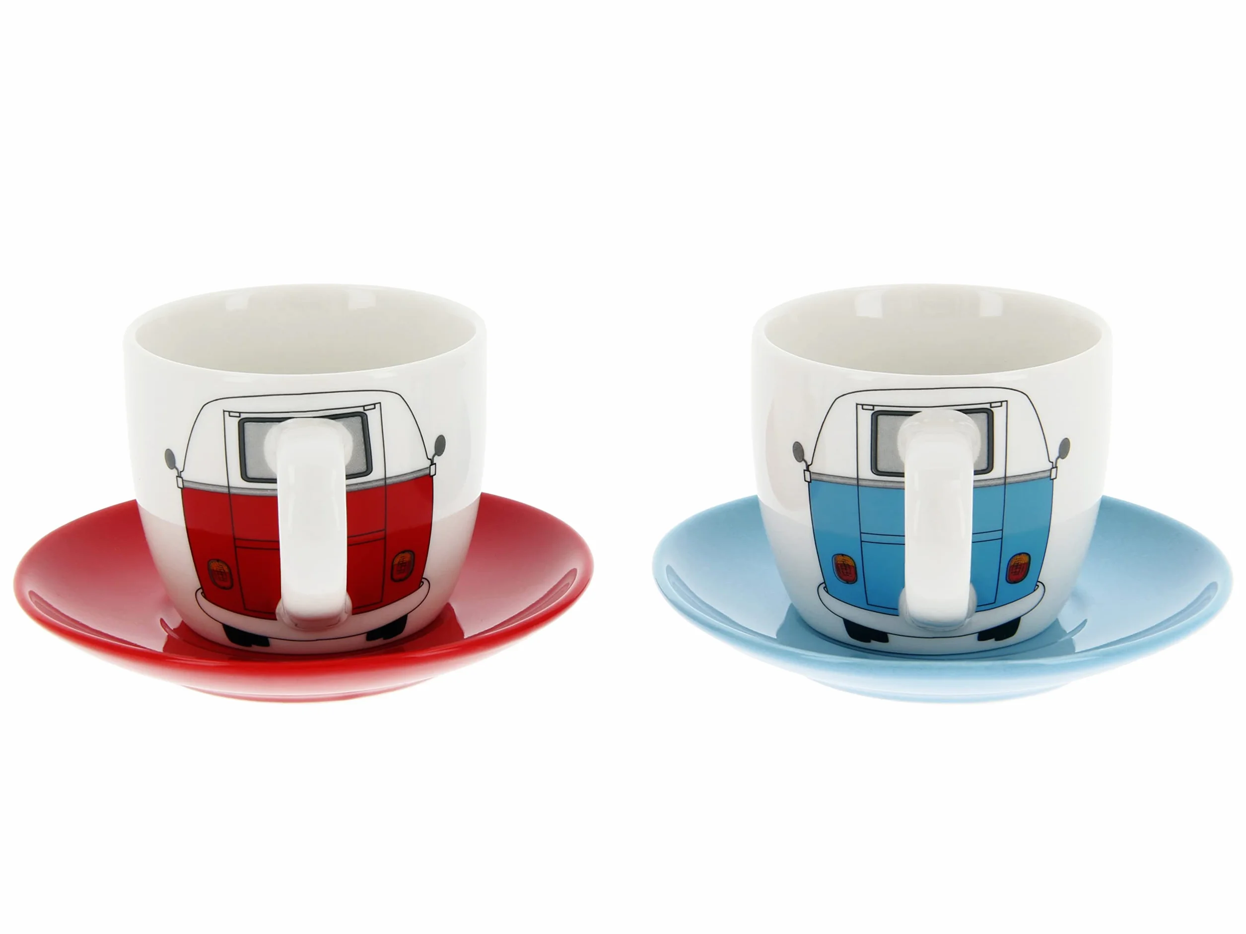 BRISA VW Collection – Volkswagen 2-częściowy zestaw ceramicznych filiżanek do espresso ze spodkami T1 Bulli Bus (100 ml/przód/czerwony i niebieski)