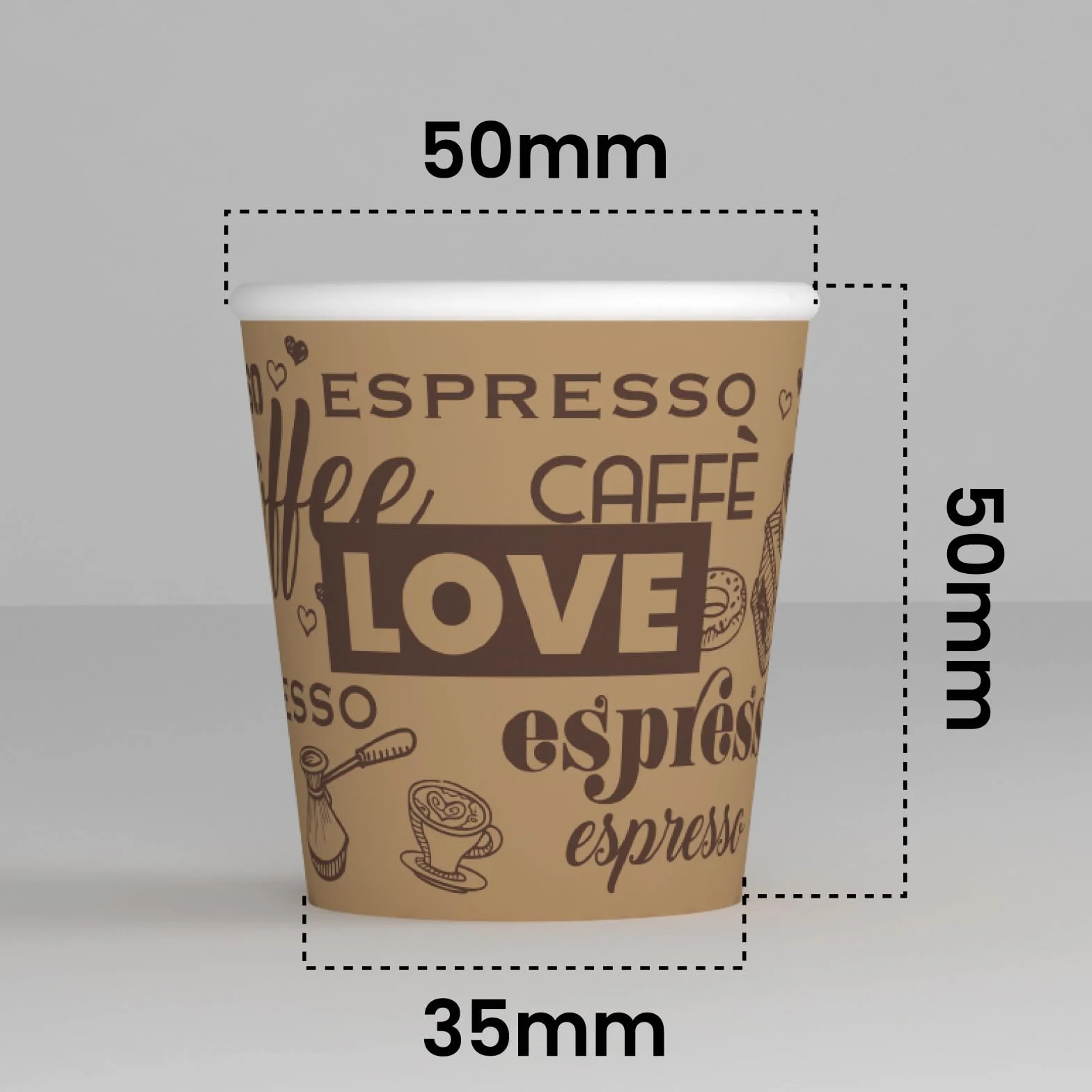 Eurocali 200 papierowych kubków do espresso, 65 ml, biodegradowalne, jednorazowe kubki do kawy, ekologiczne wzornictwo, LoveBrownCUP, mały rozmiar do włoskiego espresso do gorących napojów