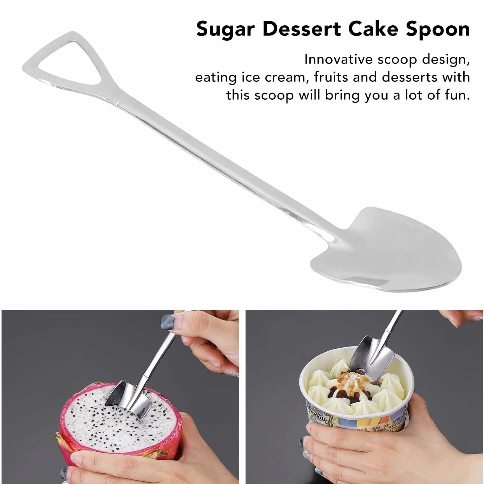 Stainless Steel Cute Shovel Spoon,Innovative Food Grade Material Reusable Sugar Dessert Cake Spoon for Home Cafe (4 Pointed Shovel)
