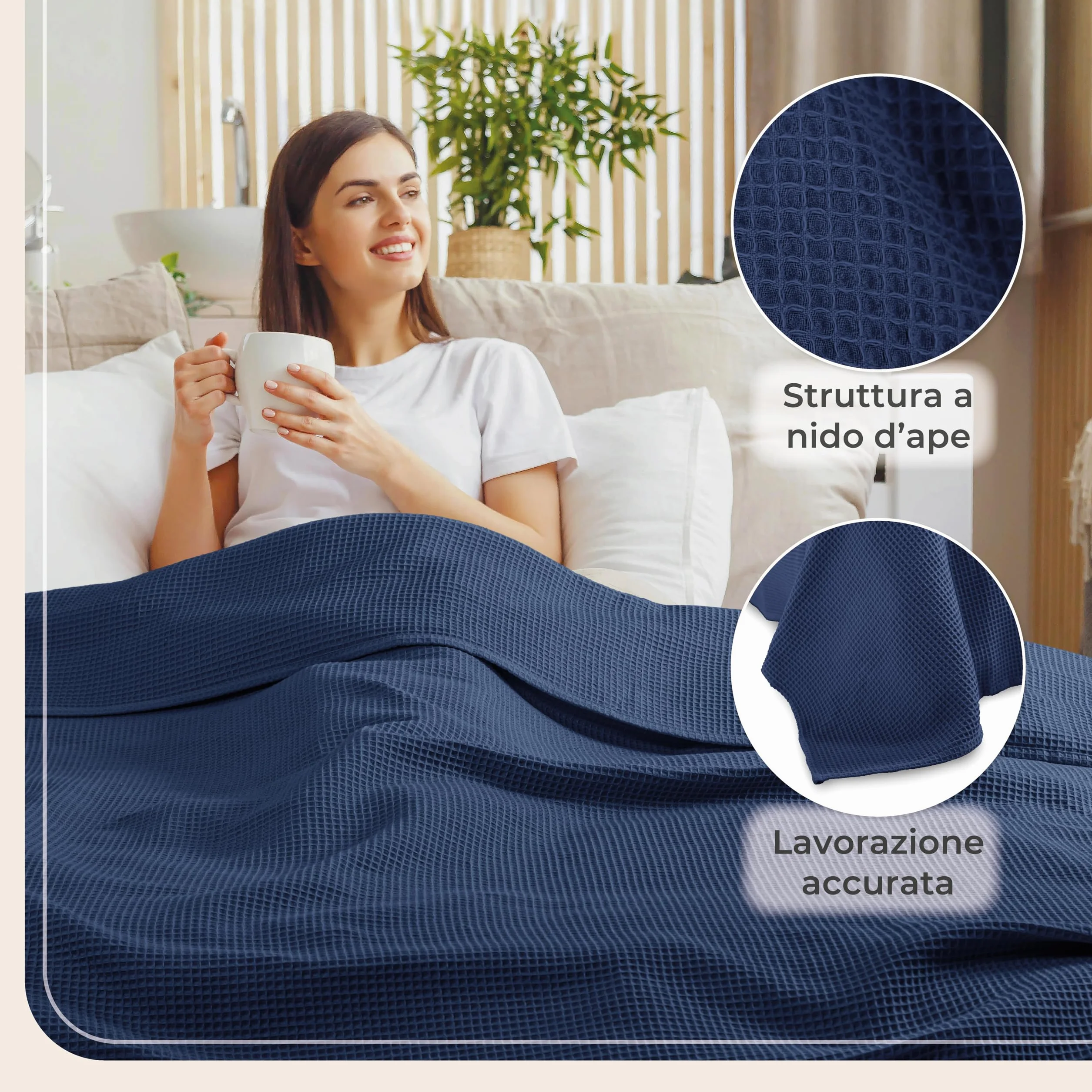 LAYNENBURG narzuta klasy premium, 150 x 200 cm, 100% bawełny o strukturze waflowej, lekkie nakrycie letnie, bawełniana narzuta na łóżko, sofę, niebieska