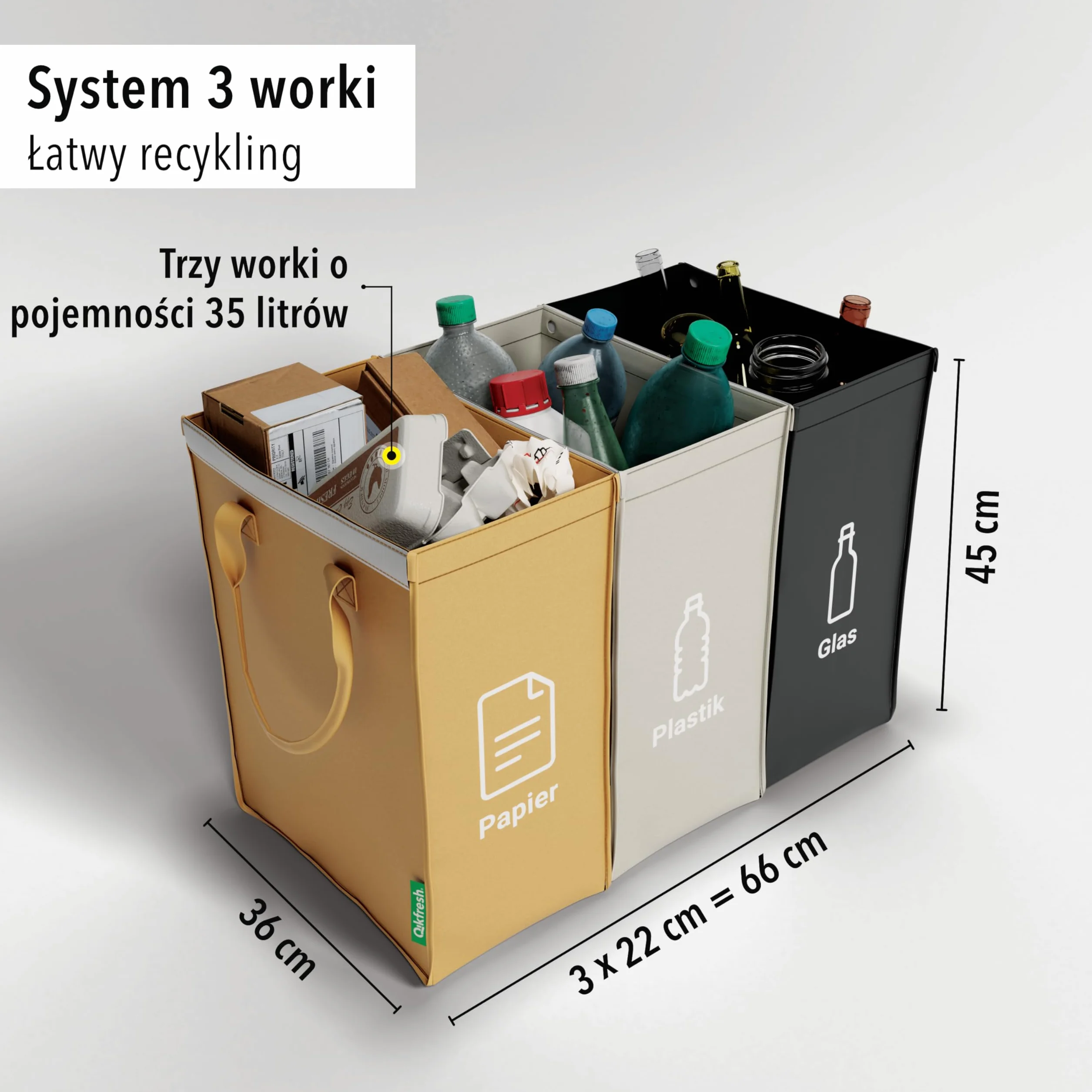 qikfresh - 3-częściowy system segregacji odpadów - Pojemniki do recyklingu szkła, papieru, plastiku i butelek - Oszczędzający miejsce system do kuchni i domu (symbole + tekst)