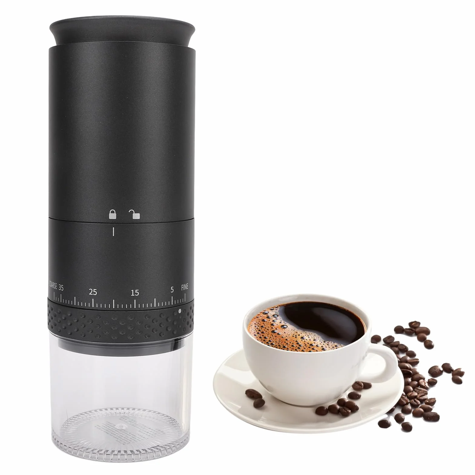 Elektryczny młynek do kawy żarnowy, 110 ml, 38 ustawień, ładowany