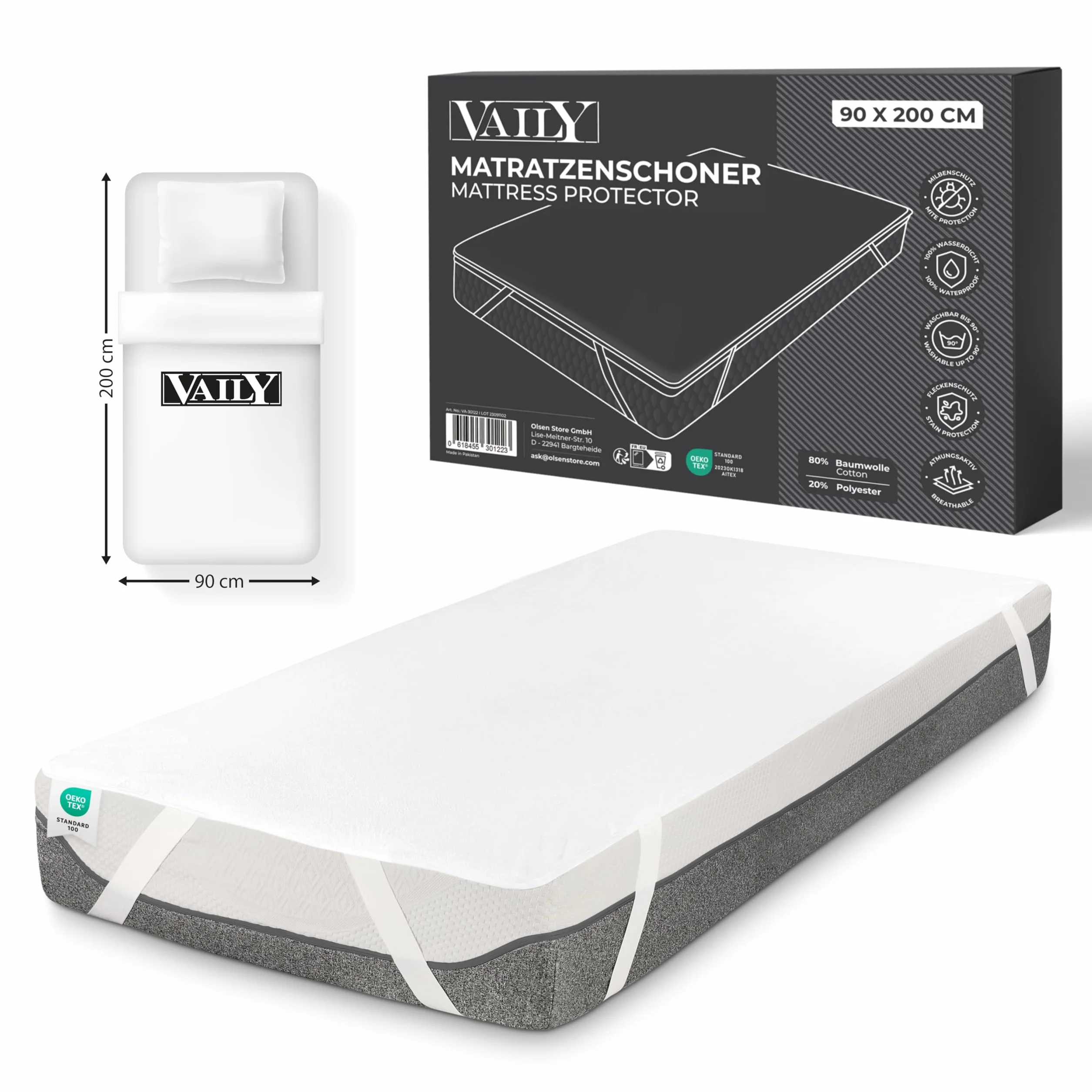 Vaily Ochraniacz na materac 90x200 cm Oeko-Tex wodoodporna oddychająca nakładka