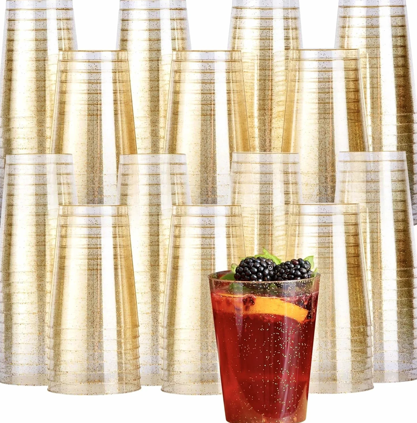 MATANA 150 przezroczystych kubków z twardego plastiku, złoty brokat (285 ml / 10 oz), stylowe kieliszki wielokrotnego użytku na urodziny, wesela, Boże Narodzenie, grille, imprezy