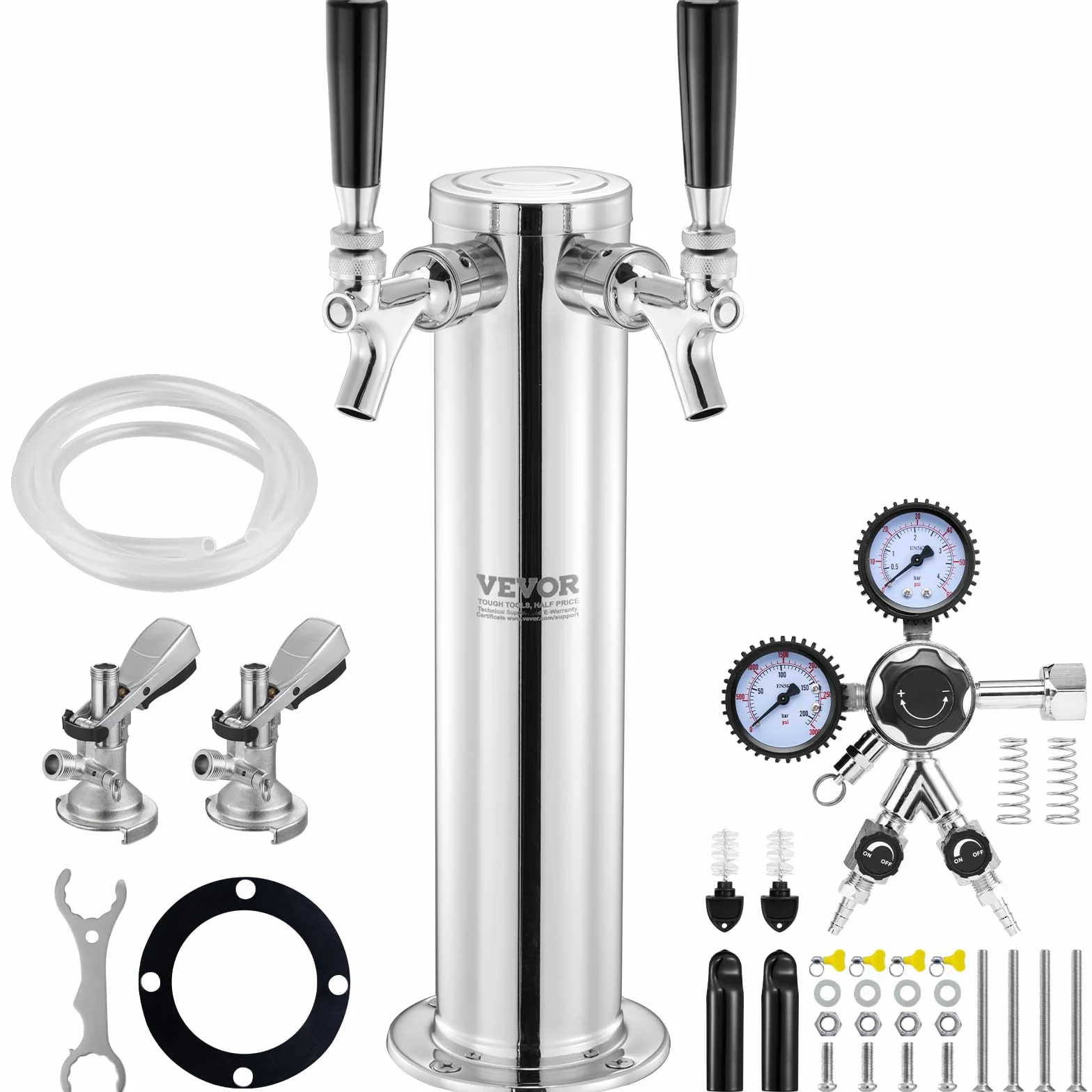 VEVOR Kegerator zestaw do konwersji piwa z dwoma kranami, dozownik wieży piwa ze stali nierdzewnej z podwójnym urządzeniem pomiarowym W21.8 i sprzęgłem beczkowym systemu A, tacka na imprezy w domu