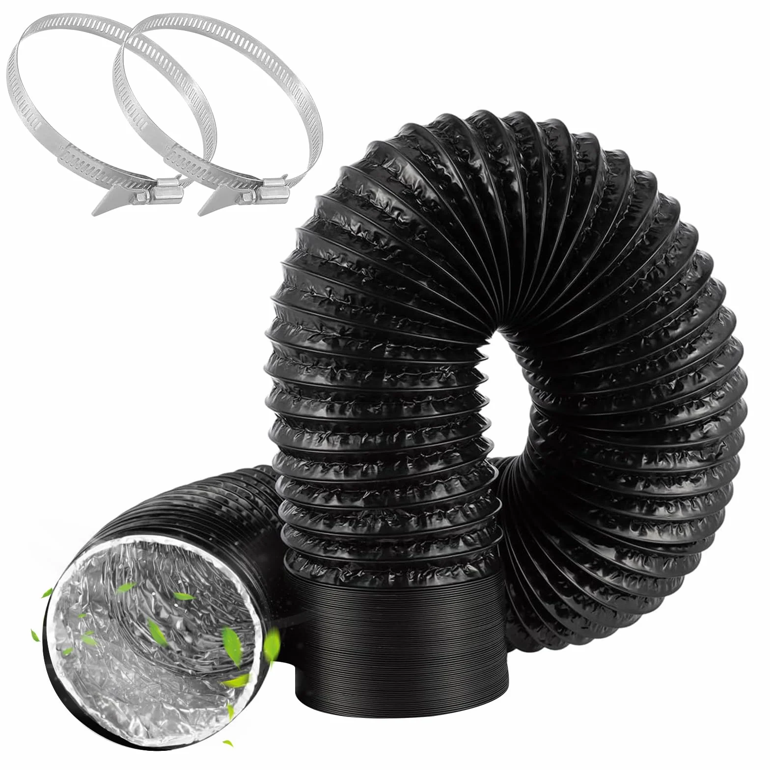 Wąż powietrza wylotowego 100 mm, 2 m, aluminiowa rura PCW, 2 obejmy ze stali nierdzewnej