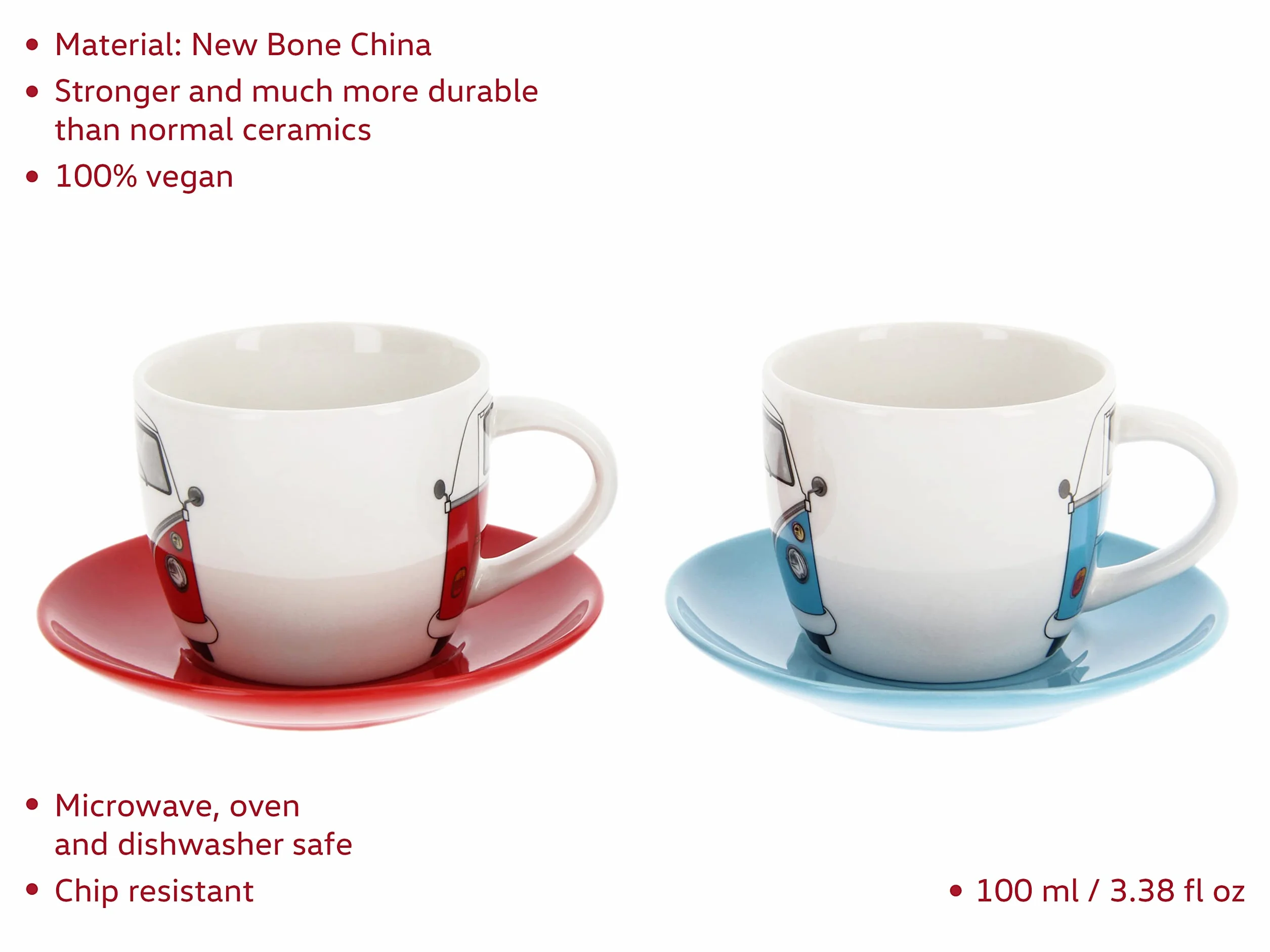 BRISA VW Collection – Volkswagen 2-częściowy zestaw ceramicznych filiżanek do espresso ze spodkami T1 Bulli Bus (100 ml/przód/czerwony i niebieski)