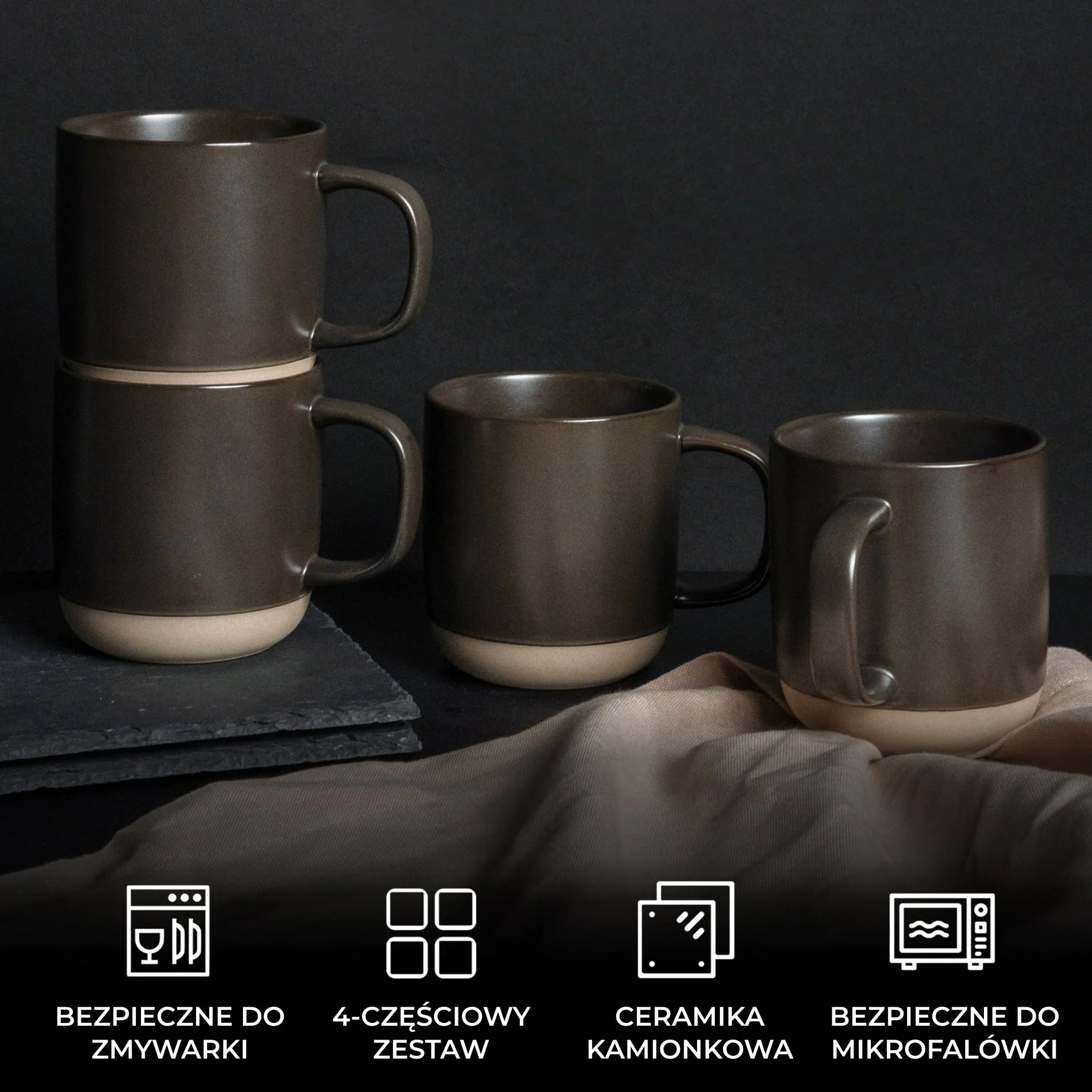 MIAMIO Zestaw 4 Kubków Ceramicznych 500 ml na Kawę Cappuccino Latte Macchiato Herbatę Espresso Kolekcja Sierra Ciemny