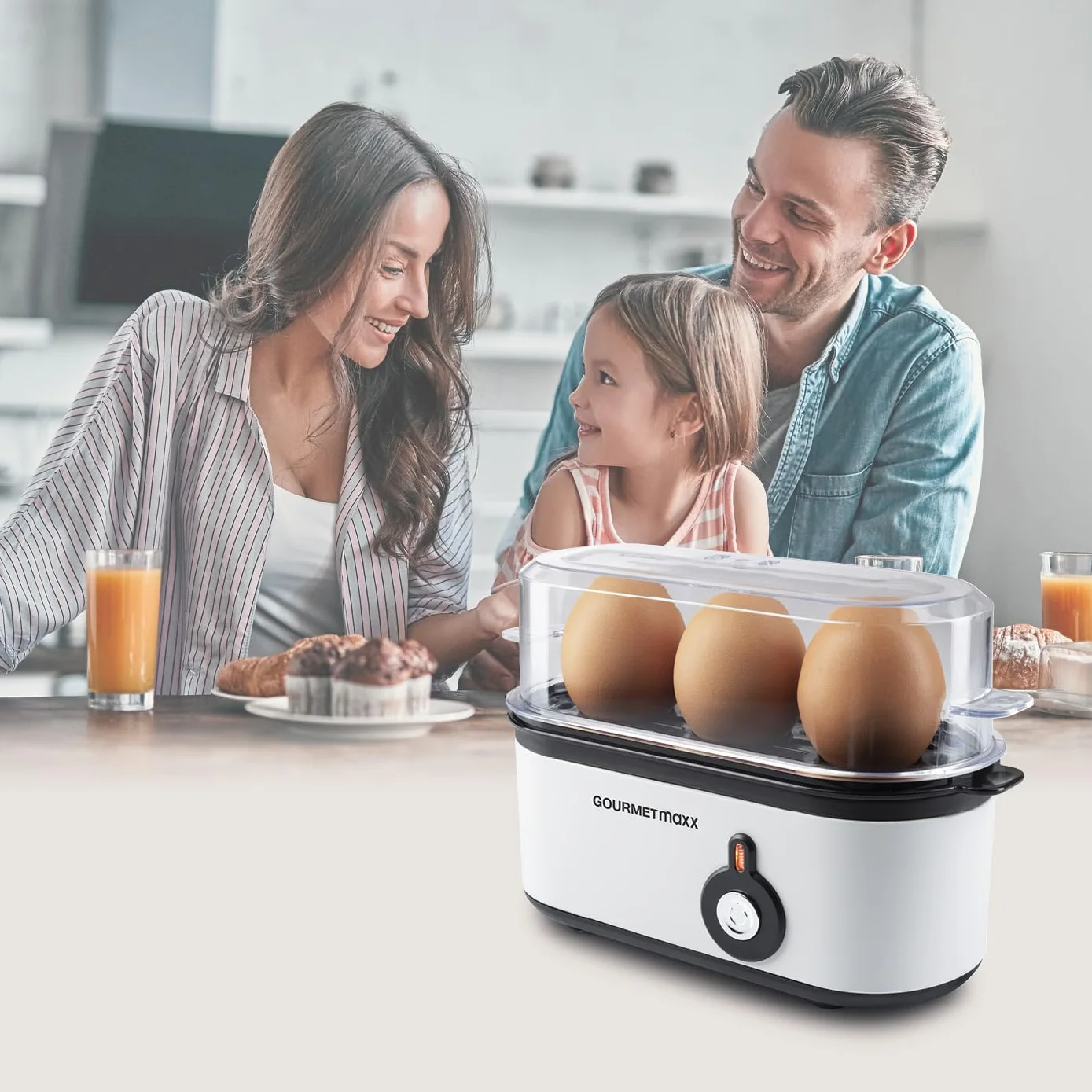 GOURMETmaxx Jajowar na 3 jajka | bojler do jajek z wykrawaczem do jajek w miarce | Egg Cooker – 3 stopnie twardości do kieliszków do jajek | Design mały jajowar – części nadające się do mycia w
