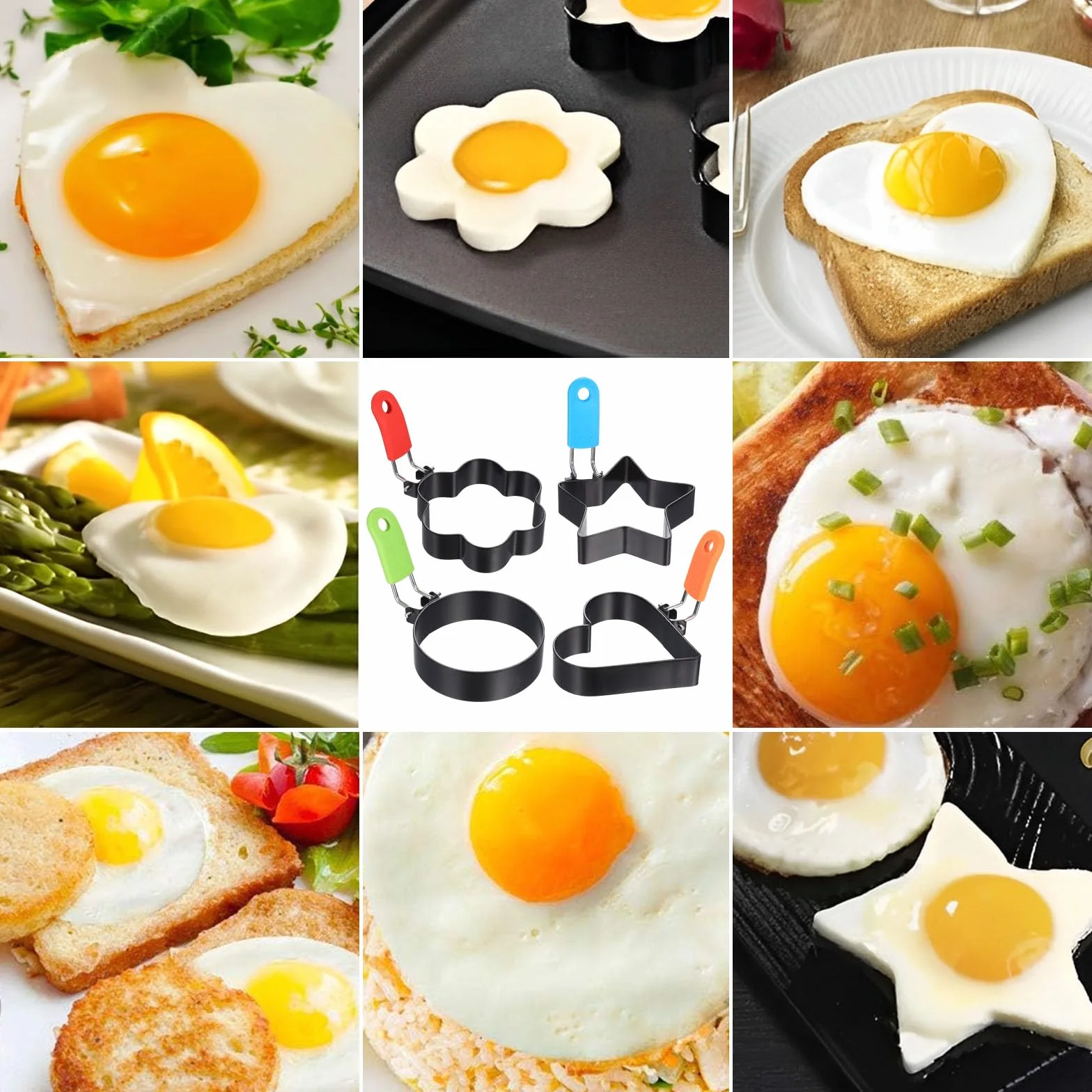 4 sztuki foremek do jajek sadzonych, do smażenia na patelni, do omletów ze stali nierdzewnej, do jajek sadzonych, nieprzywierających, z uchwytem, do omletów, naleśników + 2 szczotki do oleju