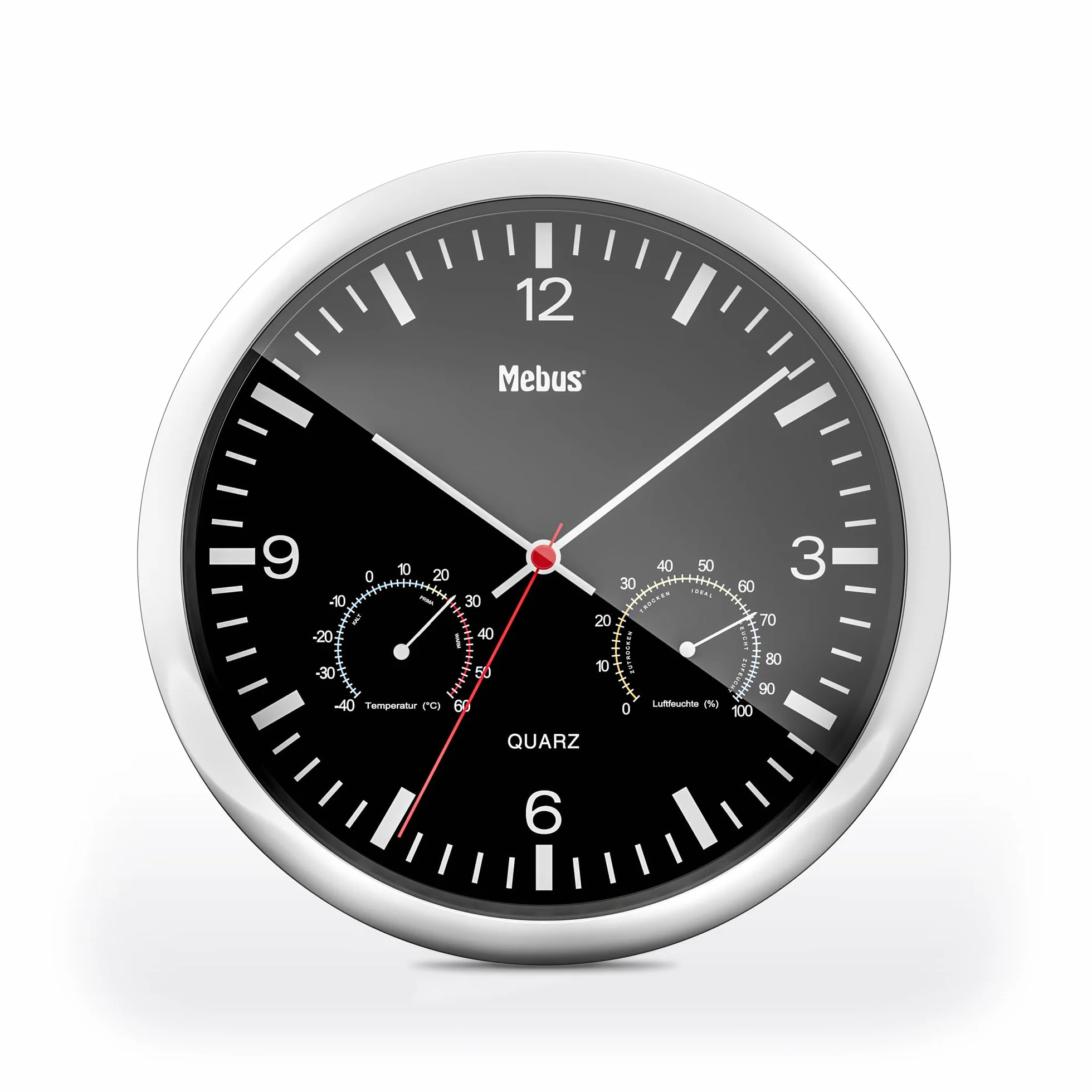 MEBUS Quarz-Wanduhr mit Thermometer und Hygrometer/silberner Rahmen/schwarzes Zifferblatt / 25cm Durchmesser/Rund/Modell: 56731 / Farbe: Silber, Schwarz