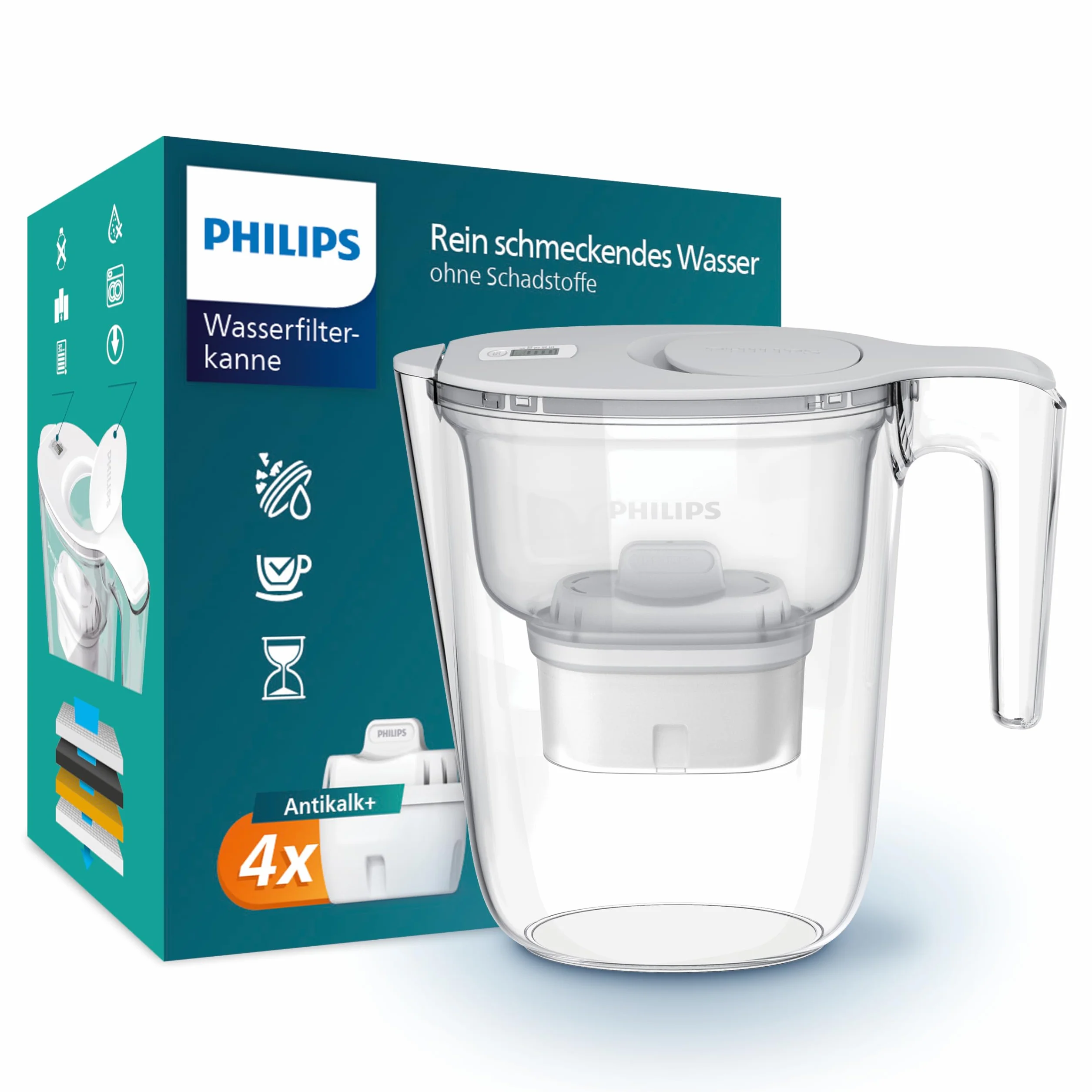 Philips dzbanek filtrujący do wody + 4 wymienne wkłady filtrujące, do 50% redukcji twardości wody, szybki przepływ, biały, 2,6 l, elektroniczny timer