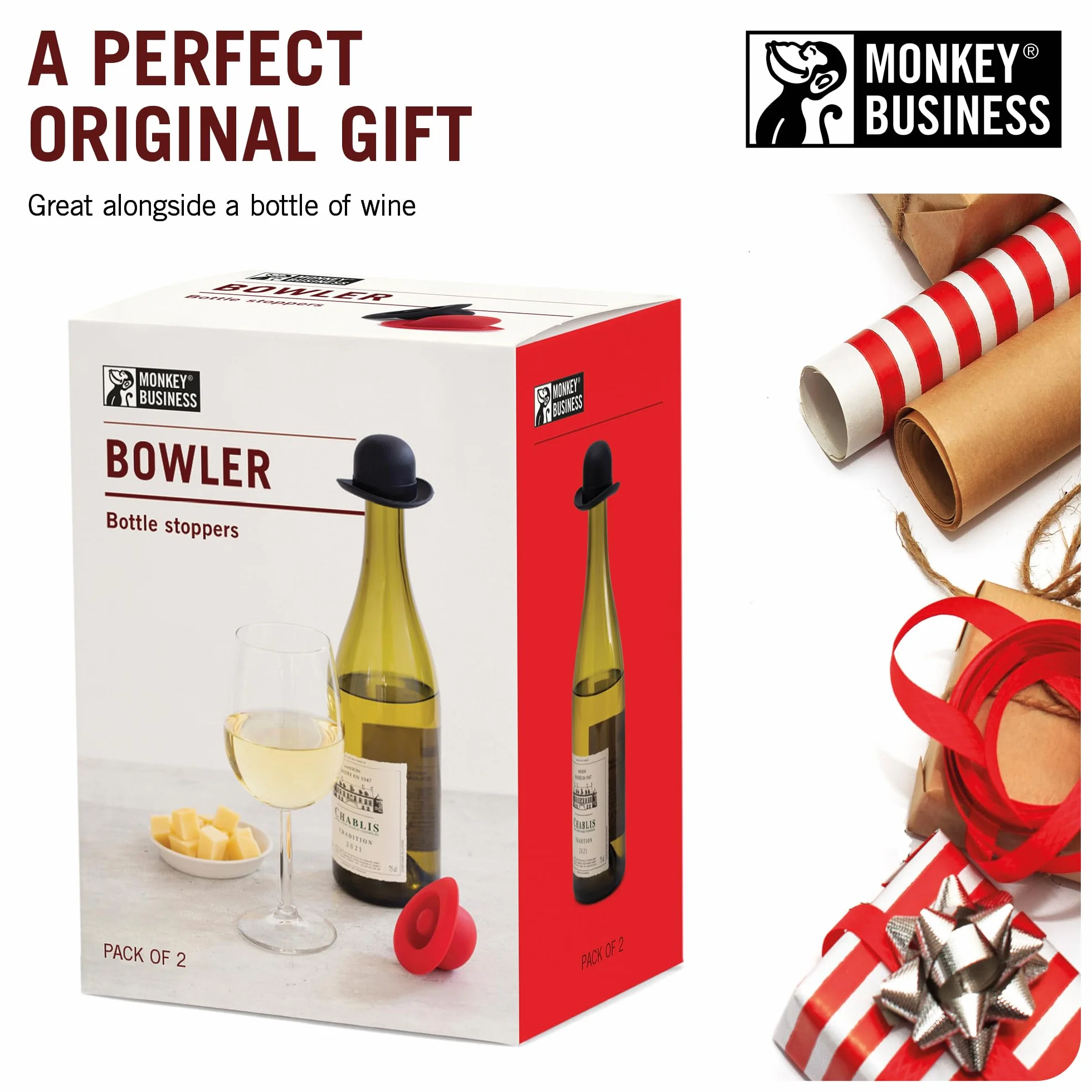 Monkey Business Silikonowy korek do wina, uszczelnia butelkę i utrzymuje świeżość wina, słodkie akcesoria do wina, gadżety kuchenne, zatyczka do butelek (2 sztuki)
