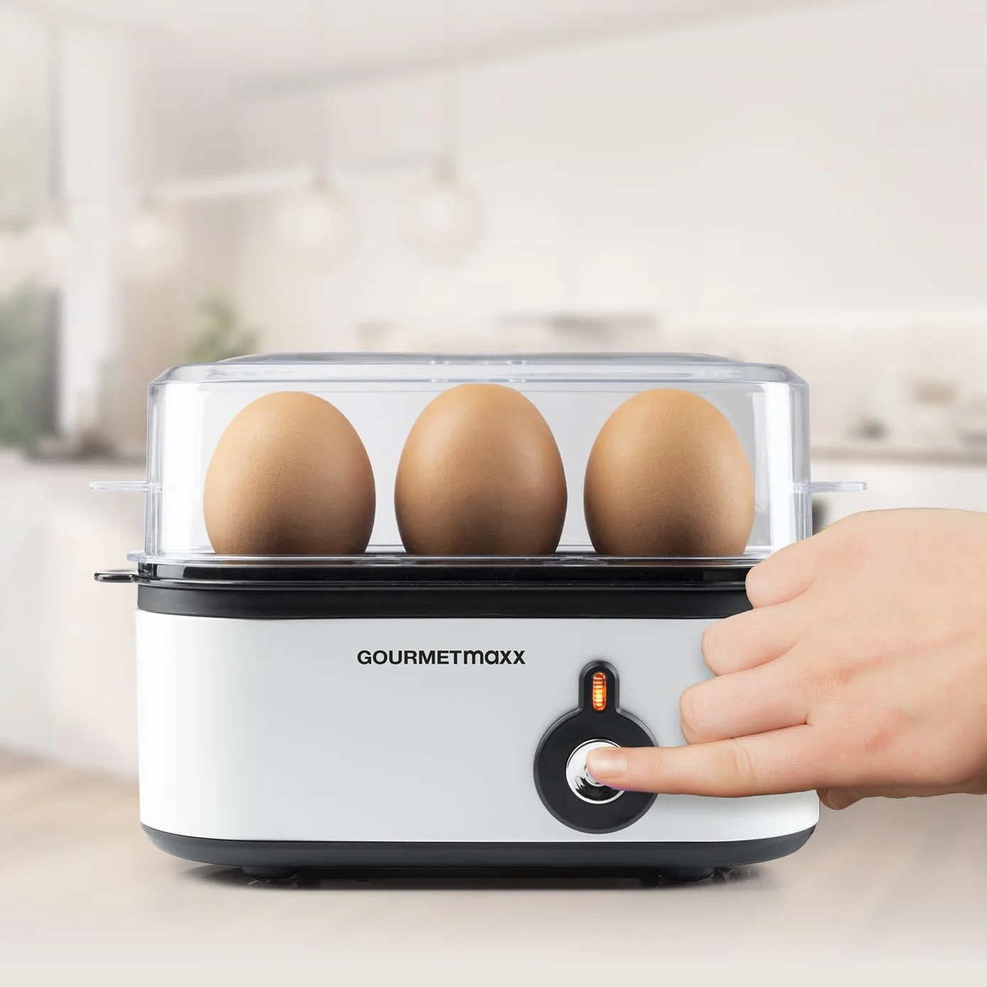 GOURMETmaxx Jajowar na 3 jajka | bojler do jajek z wykrawaczem do jajek w miarce | Egg Cooker – 3 stopnie twardości do kieliszków do jajek | Design mały jajowar – części nadające się do mycia w