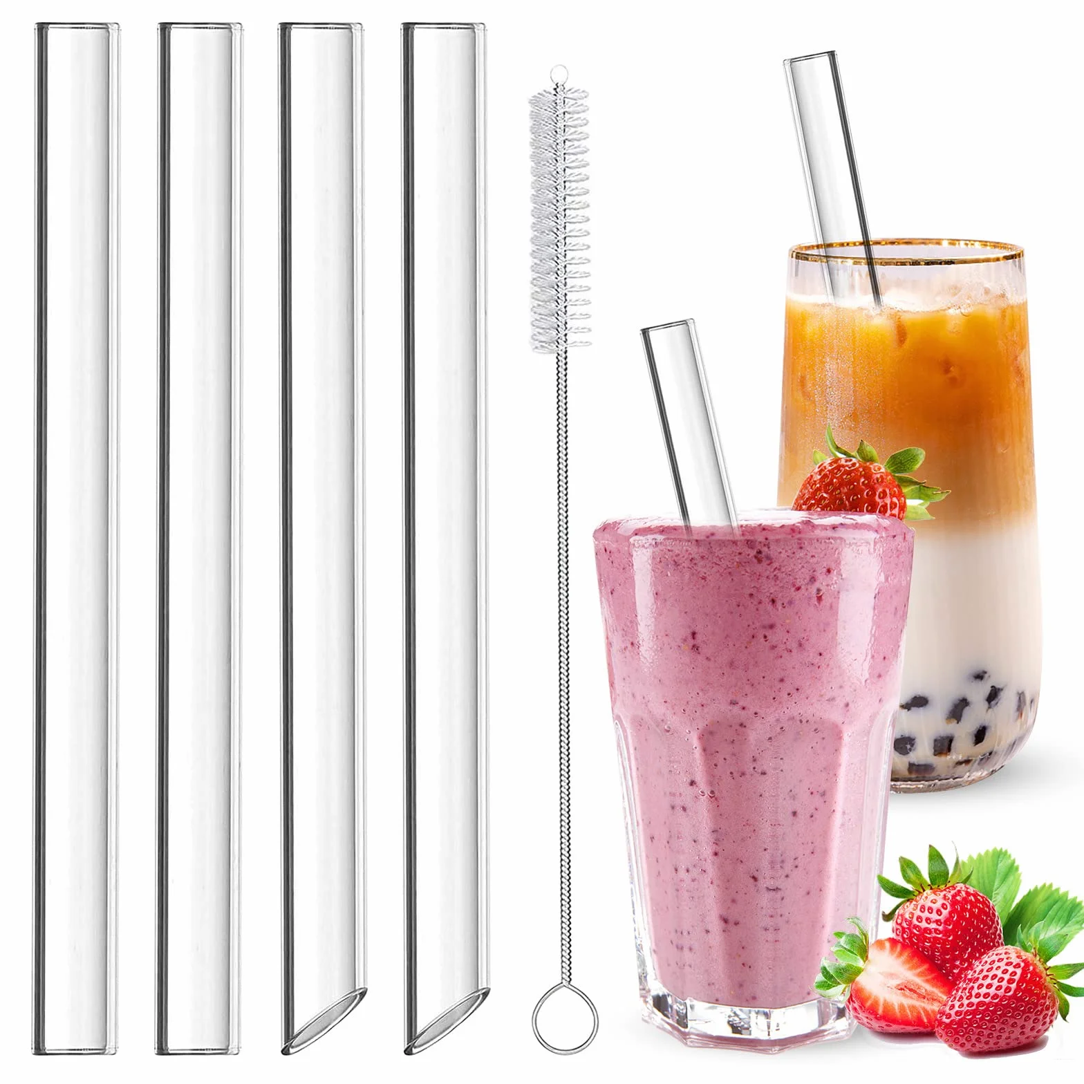HXC 4 sztuki szklane słomki do herbaty bubble tea 14 mm o dodatkowo dużej grubości, szklane słomki do herbaty bubble tea wielokrotnego użytku, słomki do boba tea ze szczotkami do czyszczenia, szklane