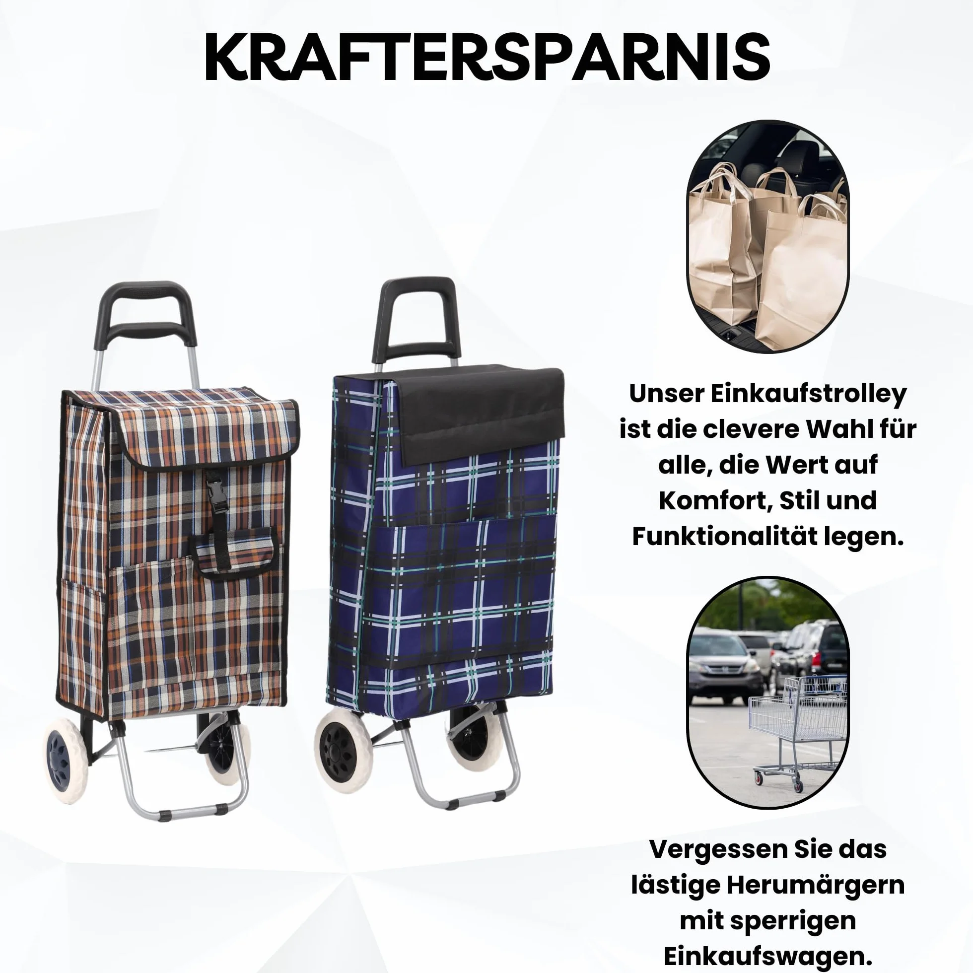 Wodoodporny wózek na zakupy, składany, wózek na zakupy, składany, torba na zakupy z 2 kółkami, kosz na zakupy z kółkami (brązowy/niebieski w kratkę)