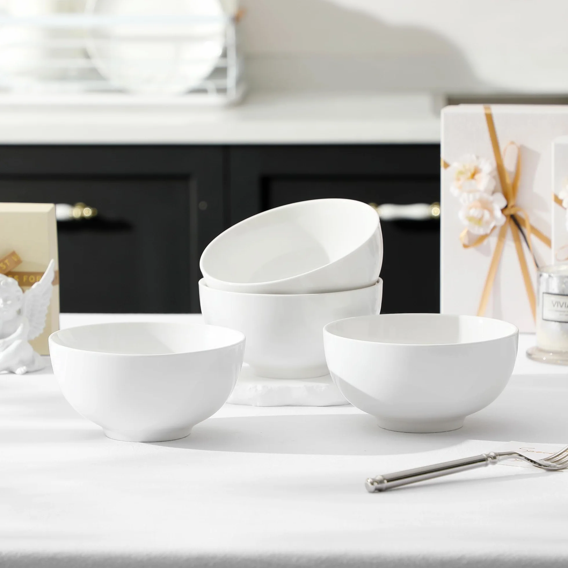 MALACASA Regular Series 4 szt. białych porcelanowych misek na płatki 780 ml, okrągłe miski śniadaniowe, miski do sałatek 15 cm, miski do sałatek, miski do zupy i ryż