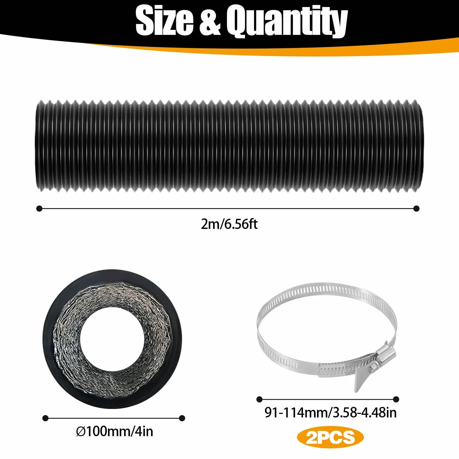 Wąż powietrza wylotowego 100 mm, 2 m, aluminiowa rura PCW, 2 obejmy ze stali nierdzewnej