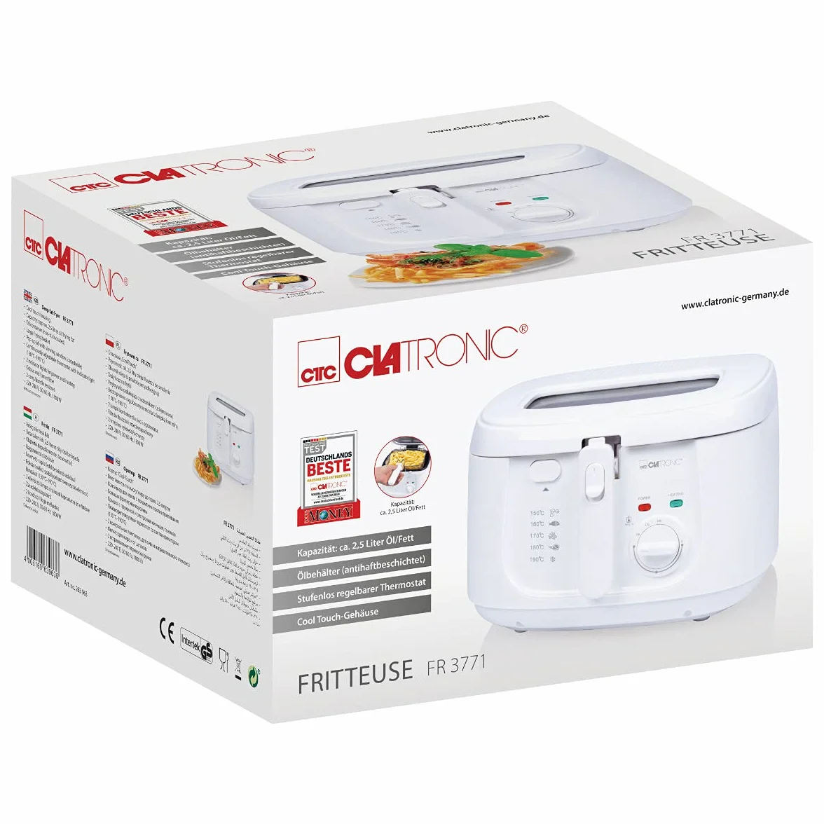 Clatronic® Frytkownica o pojemności 2,5 l, frytkownica z tłuszczem, olej do frytkownicy z filtrem zapachowym i oparami tłuszczu, nieprzywierającym pojemnikiem na olej, bezstopniowo regulowany