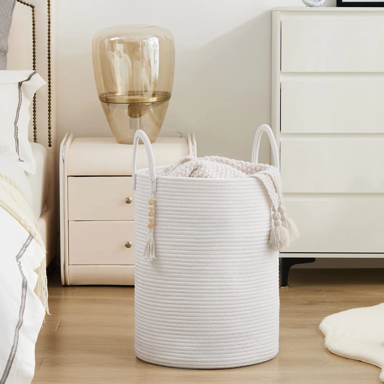 YOUDENOVA Kosz na pranie pleciony, zbieracz bielizny, przechowywanie zabawek, kosz do przechowywania z uchwytem, ręczna robota z bawełny (czysta biel, 38cm(Ś) x 50cm(W))