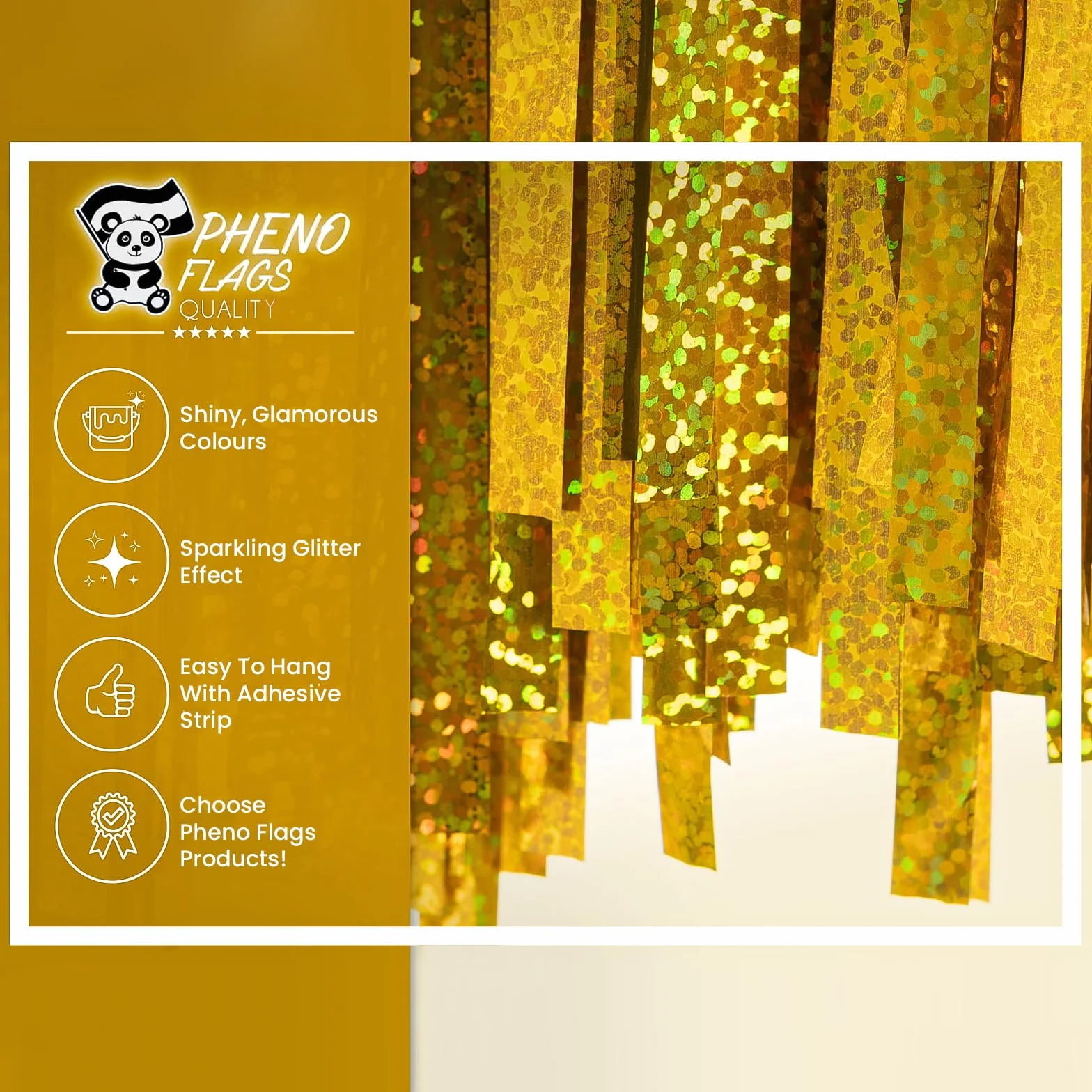PHENO FLAGS 2 sztuki złotej kurtyny z lametą, 1x2,5m - brokatowa dekoracja sylwestrowa w błyszczącym metalicznym wyglądzie, łańcuch choinkowy na Twoją imprezę