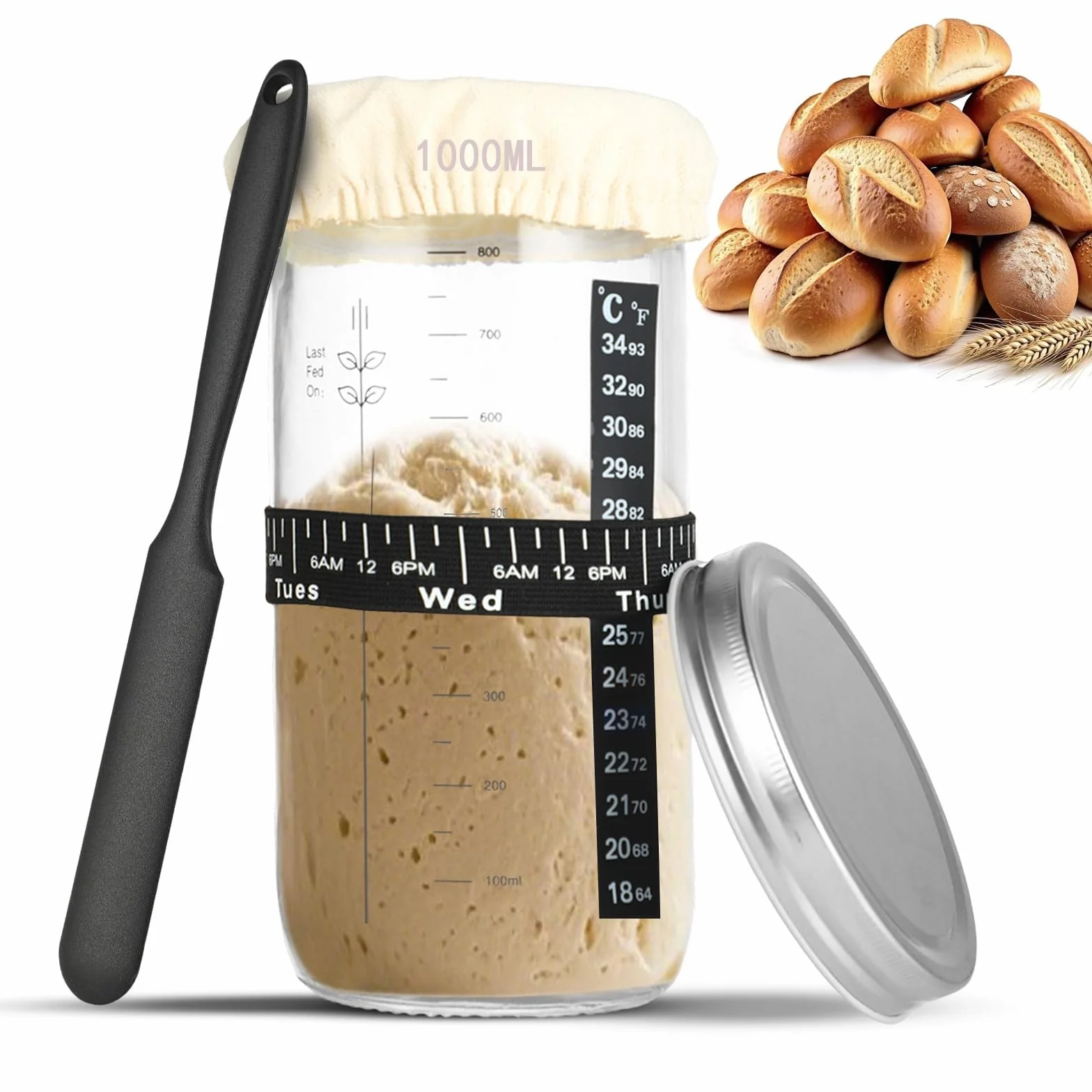 35 uncji/1000 ml słoik fermentacyjny, słoik fermentacyjny z termometrem, szpatułką silikonową, aluminiową pokrywką i taśmą do karmienia wielokrotnego użytku