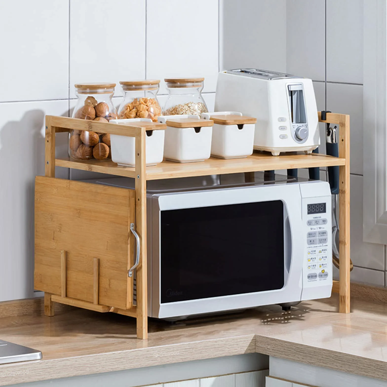 Kedia Regał do kuchenki mikrofalowej z bambusa 52x30x35 z uchwytem na deskę do krojenia i haczykami