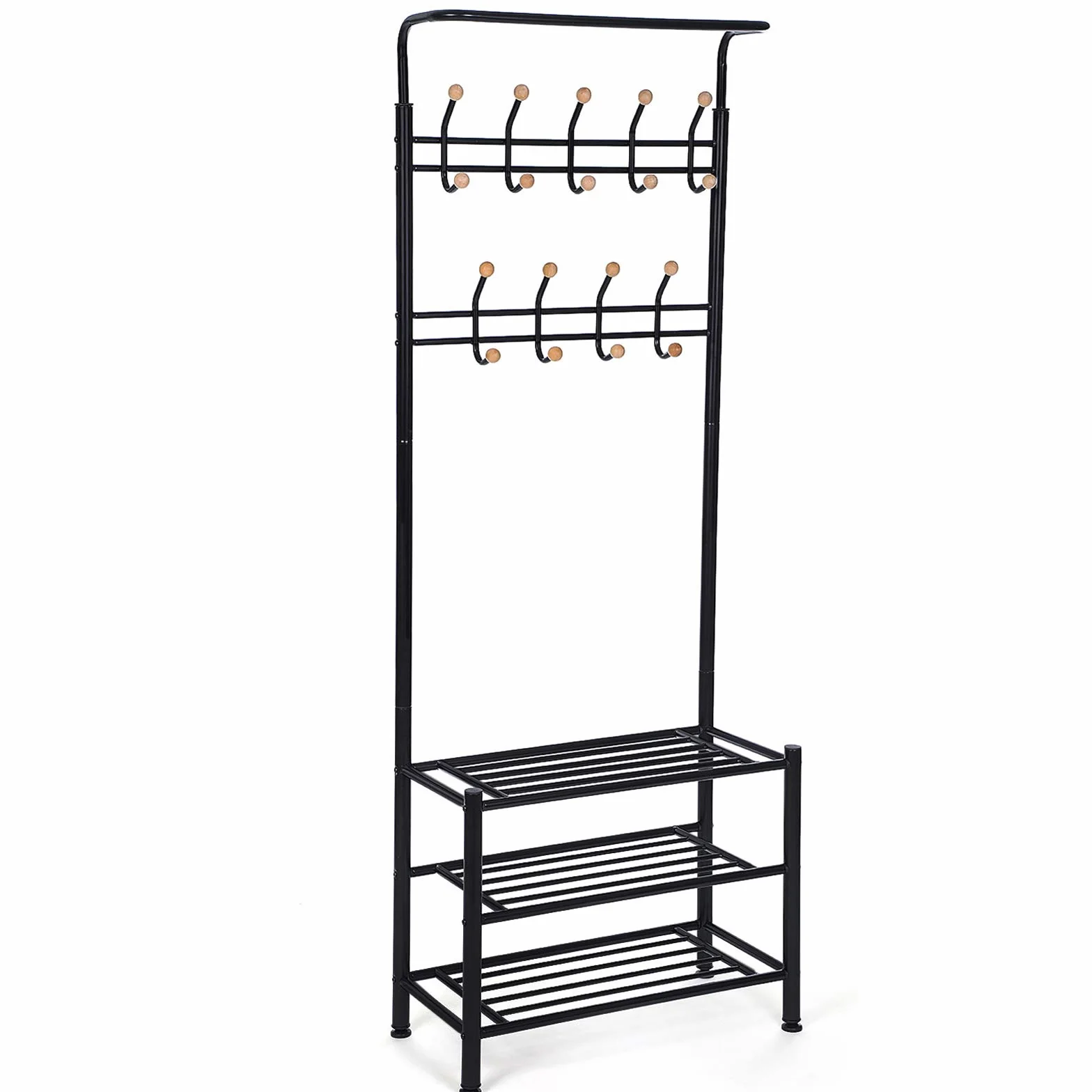 SONGMICS HSR04B wieszak na ubrania z 3 półkami na buty z 18 hakami, metalowy, czarny, 68,8 x 35,2 x 187 cm