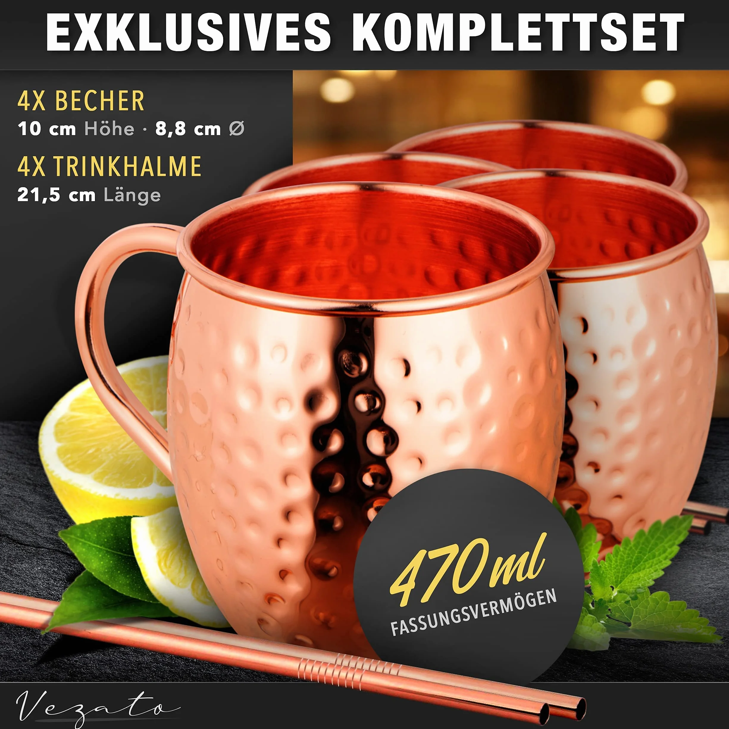 Vezato Kubek do Moscow Mule, 500 ml, młotkowany kubek miedziany, ze słomkami, ręcznie wykonany, zestaw 4 sztuki, nierdzewny