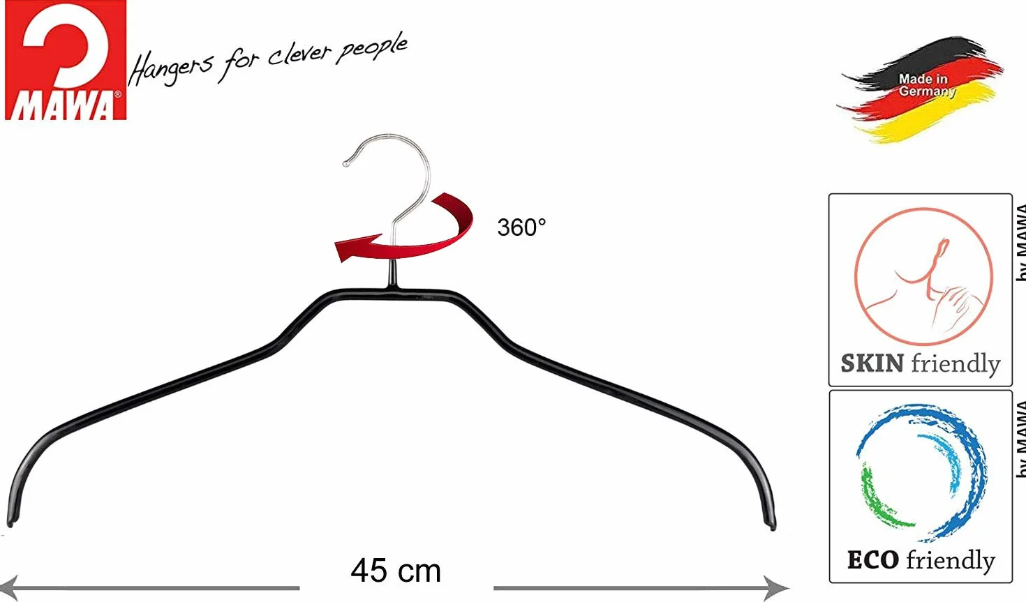 MAWA Wieszak na Ubrania Metalowy 45 cm 360° Obrotowy Antypoślizgowy Czarny 10 szt.