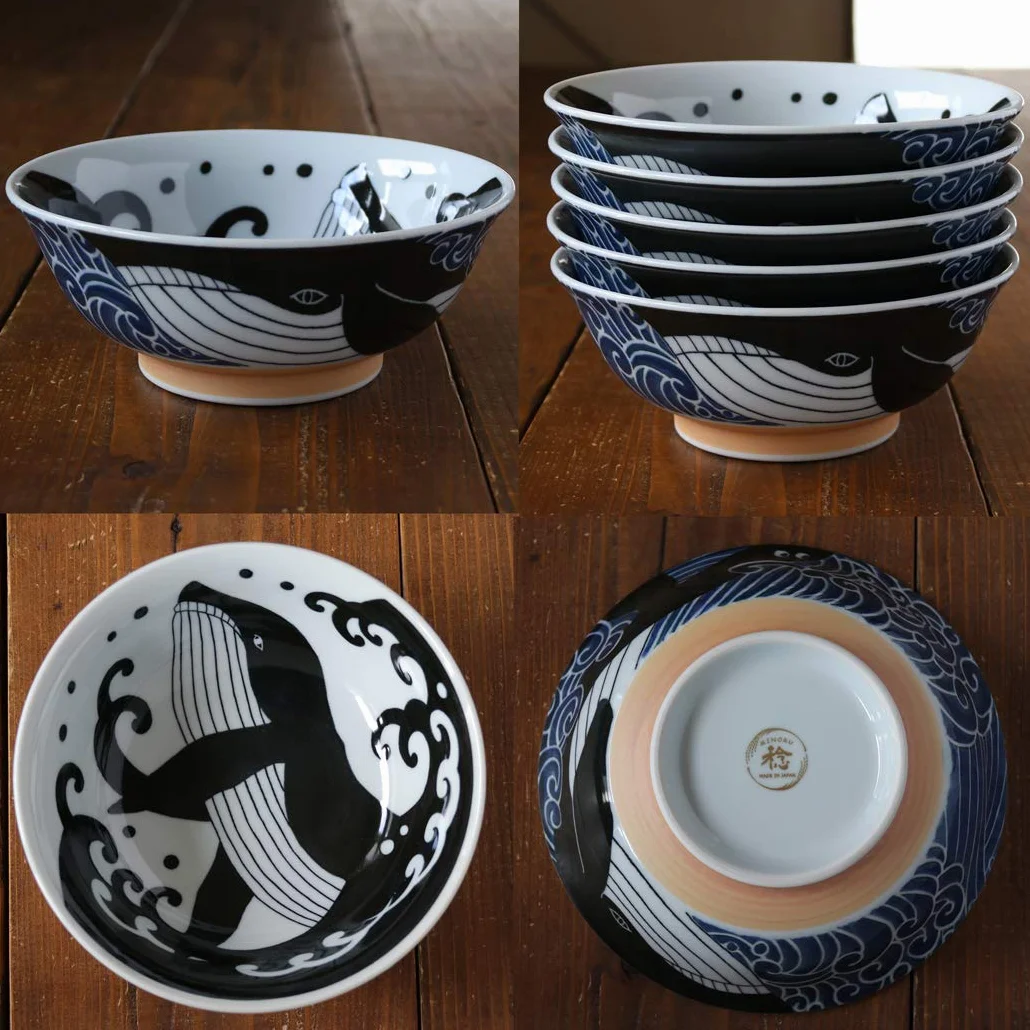 Mino-Yaki ceramiczna miska Ramen 20,7 cm 1,1 l wieloryb czarno-biały