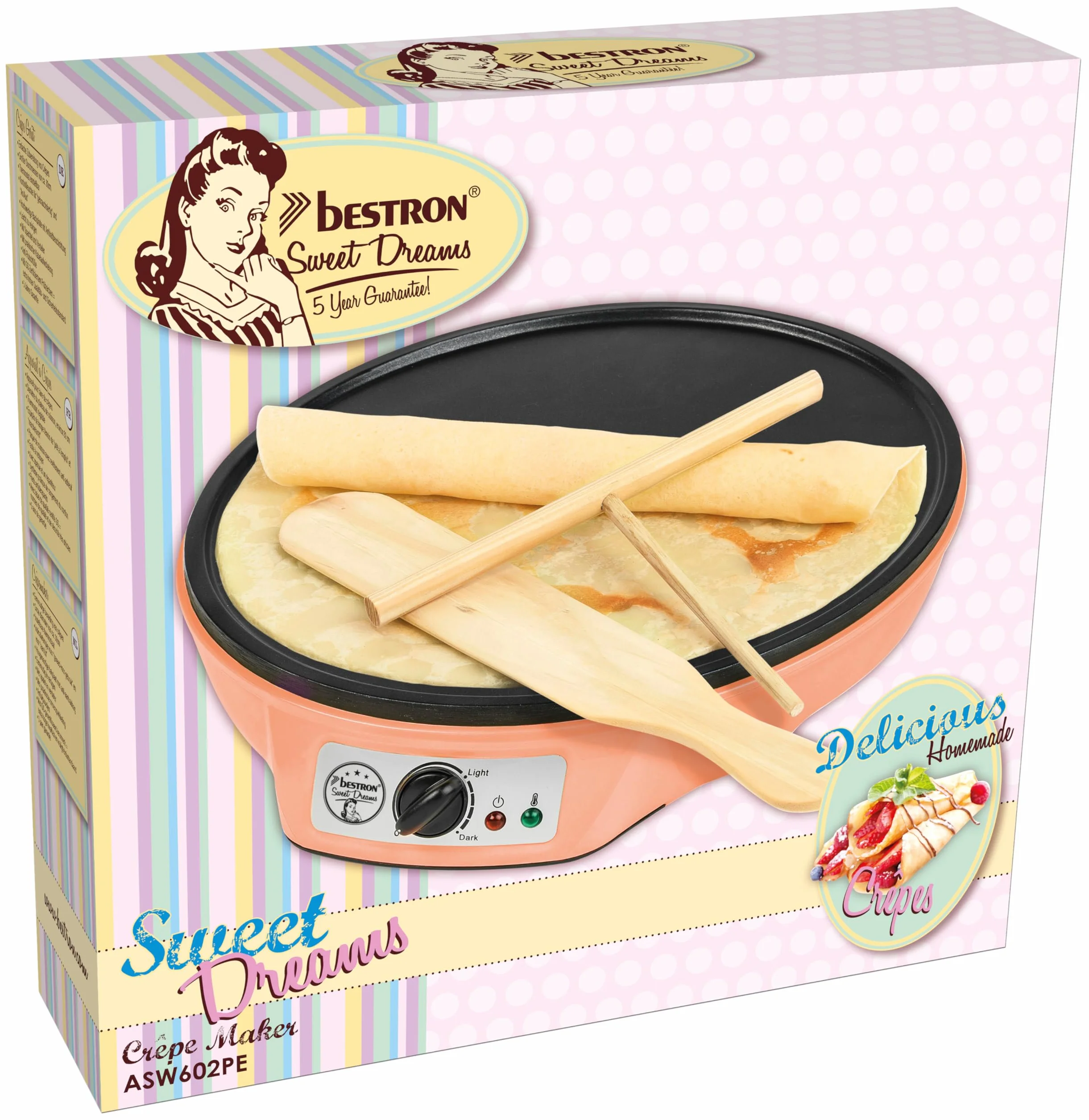 Bestron Maszyna do naleśników w stylu retro, do naleśników o średnicy 30 cm, w zestawie rozdzielacz ciasta i łopatka do naleśników, z powłoką zapobiegającą przywieraniu, 1000 W, kolekcja Sweet Dreams,