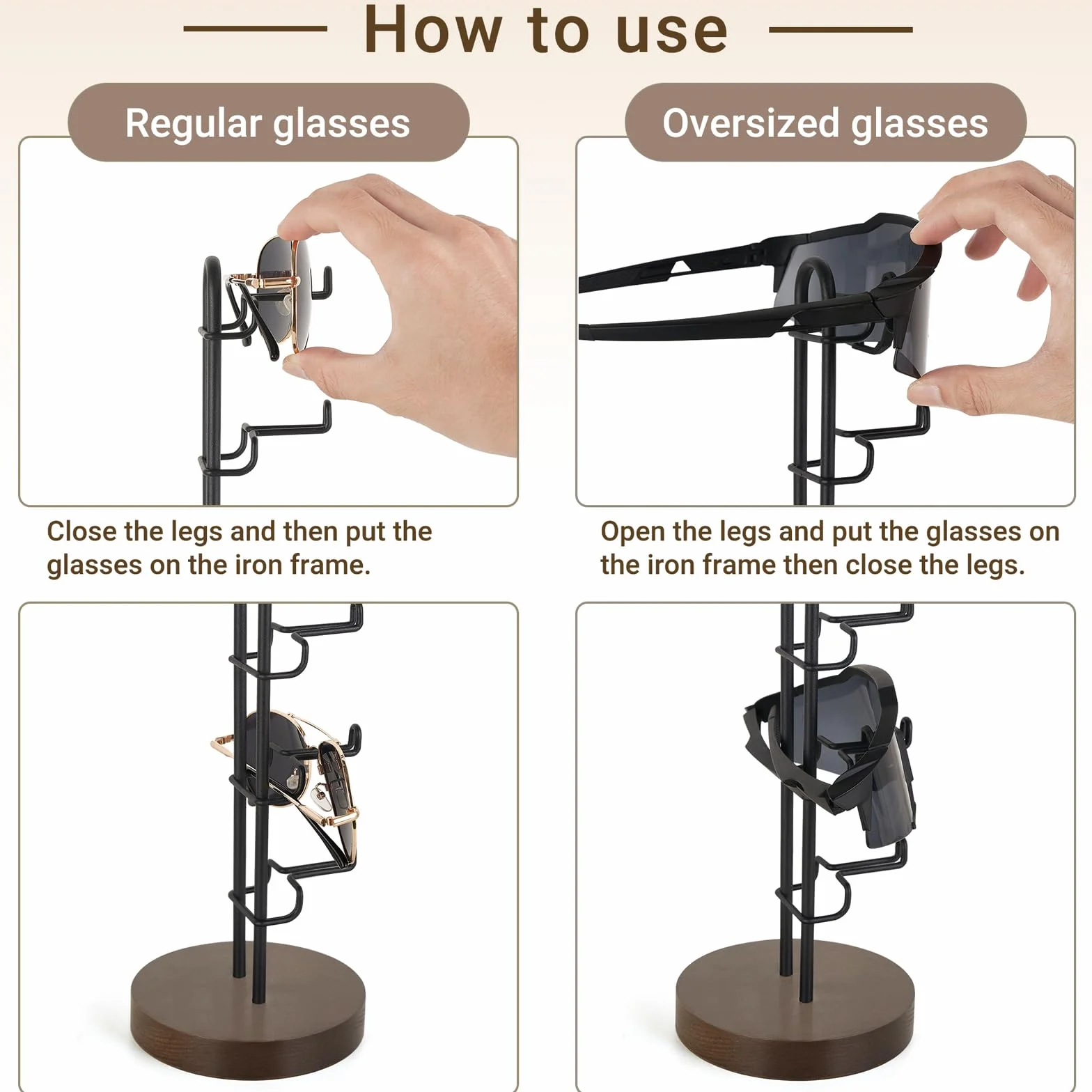 Mkono Organizer na okulary przeciwsłoneczne, stojak do przechowywania okularów przeciwsłonecznych, metalowa ramka z drewnianą podstawą na 5 par ekspozycji na okulary, na stół, biurko, komodę, do