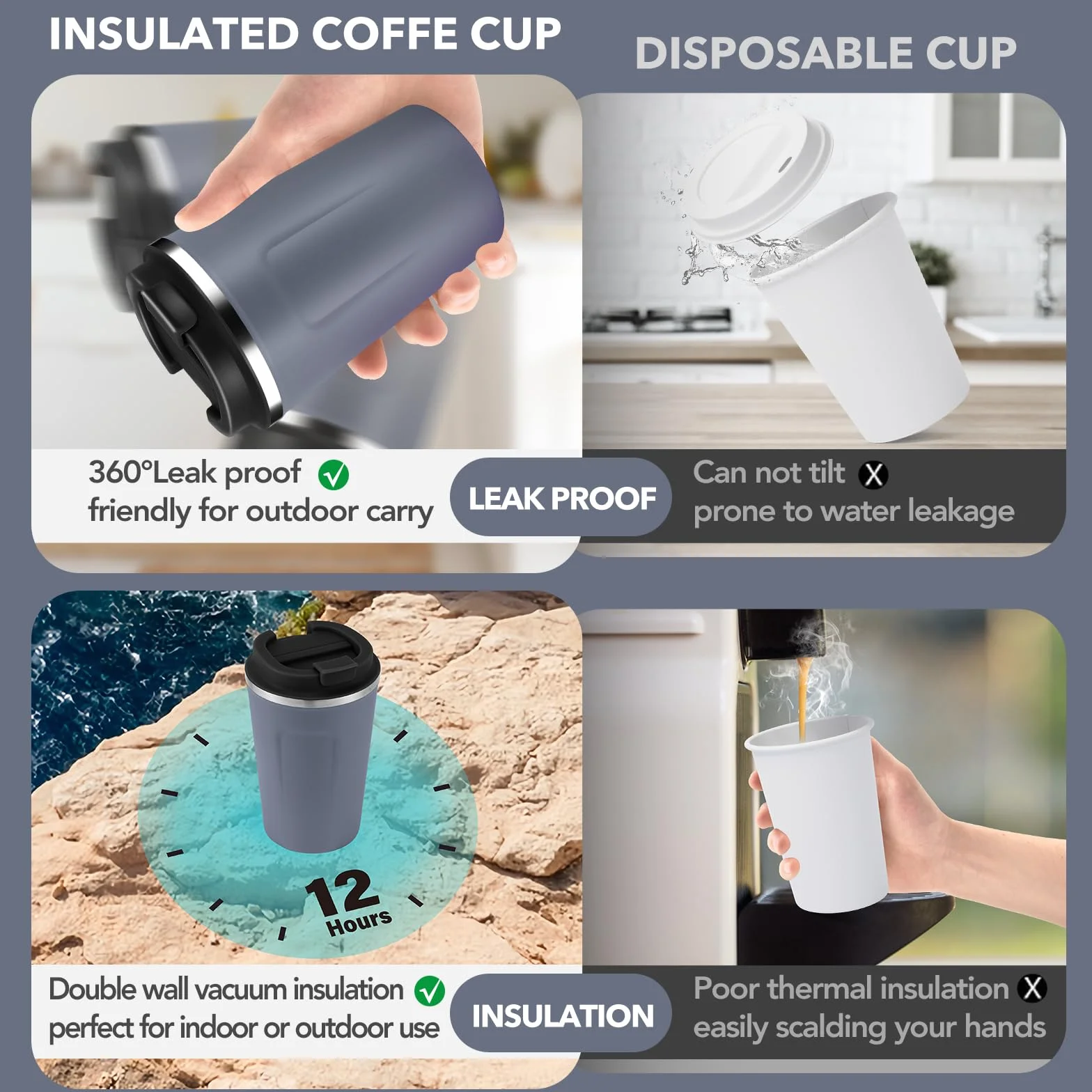 Volhoply 340 ml 350 ml izolowany próżniowy kubek do kawy z podwójną ścianką z klapką wielokrotnego użytku, szczelny kubek do kawy ze stali nierdzewnej, kubek termiczny do mrożonej kawiarni, odpowiedni