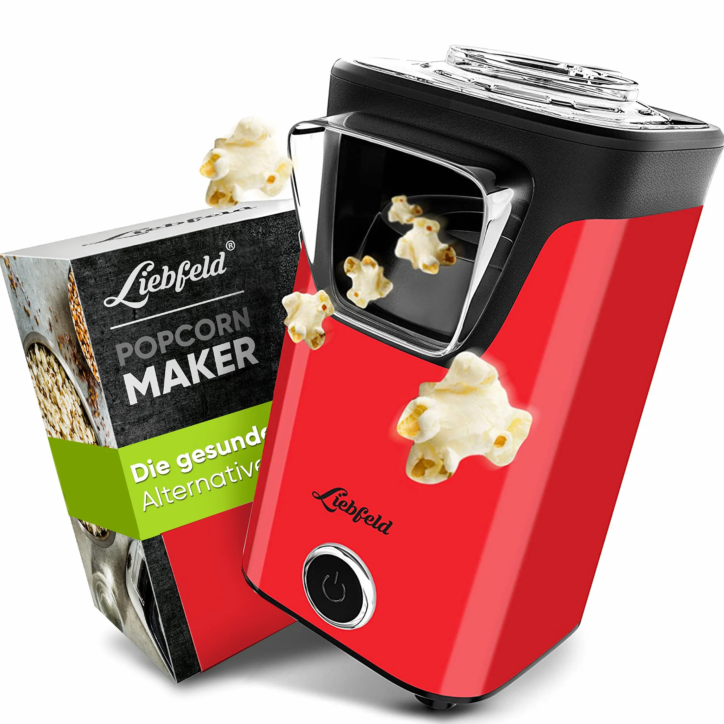 Liebfeld Maszyna do popcornu – urządzenie do robienia popcornu na gorące powietrze, bez tłuszczu i oleju, gadżet kuchenny w stylu retro do popcornu z cukrem, solą – Cooler Snack Automat (czerwony)